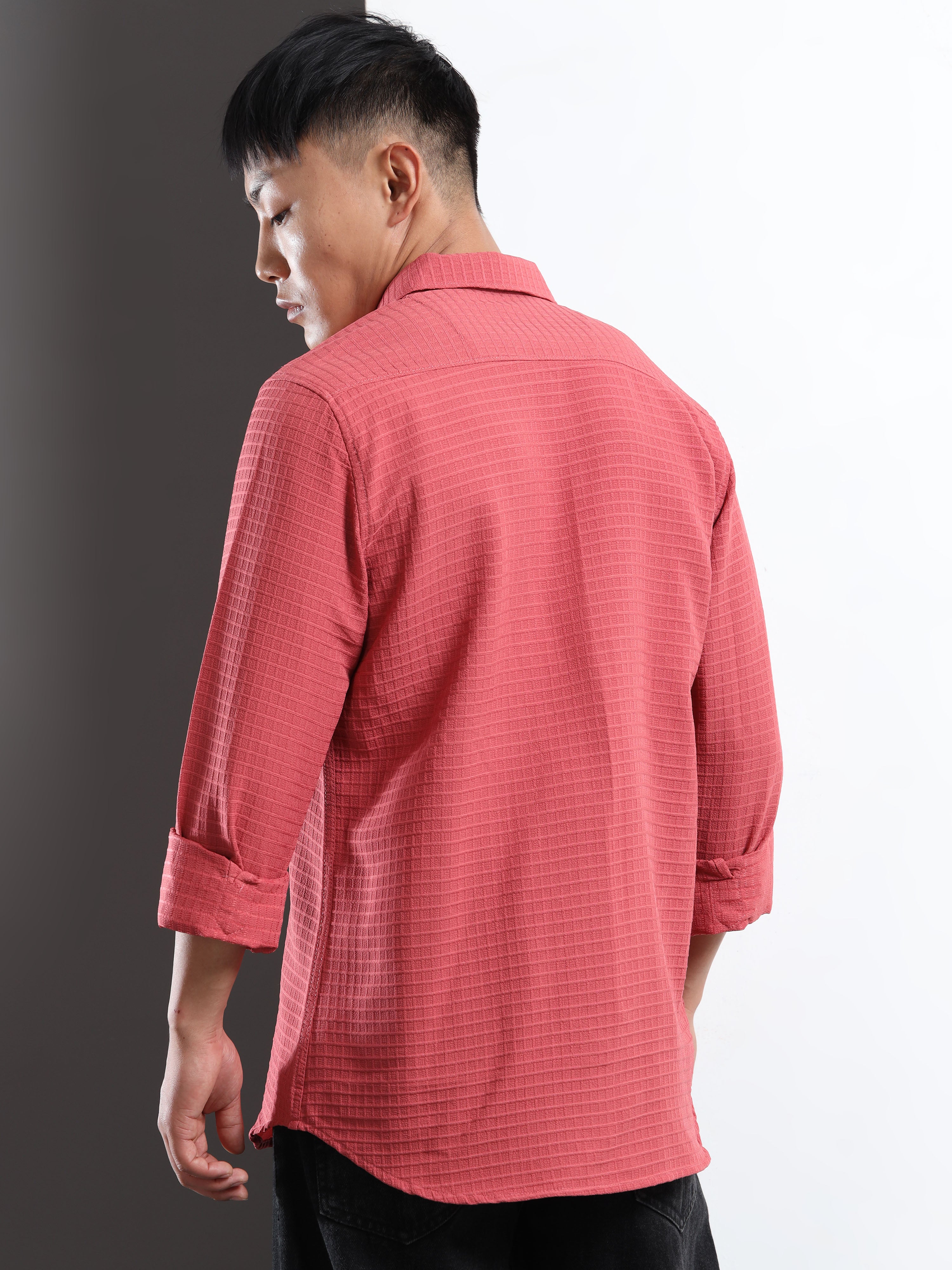 Men’s Pink Textured Grid Casual Shirt