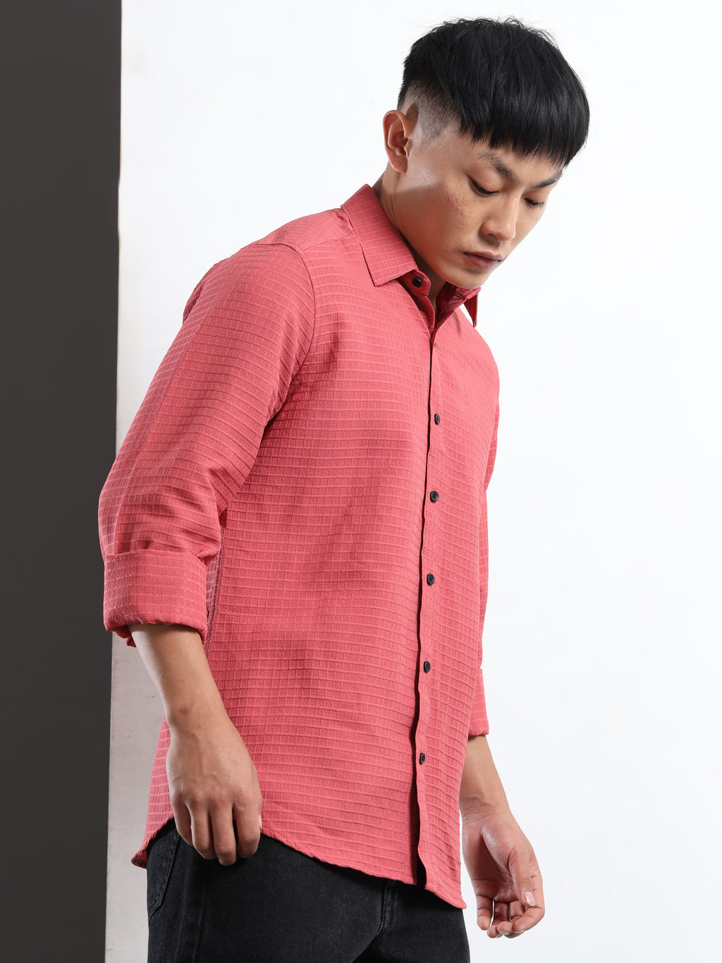 Men’s Pink Textured Grid Casual Shirt