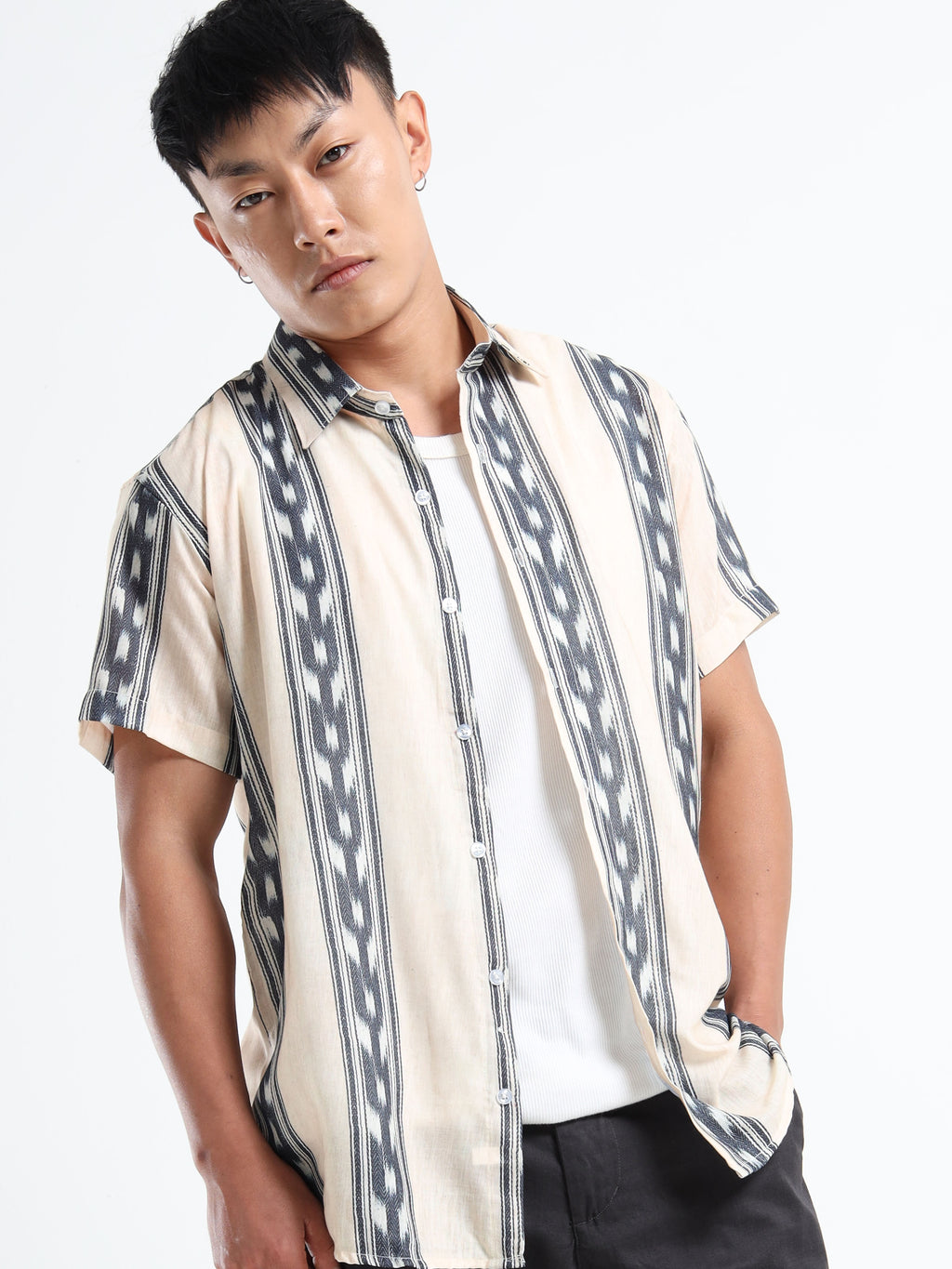 Men's White and Dark Grey Ikat Stripe Short Sleeve Shirt