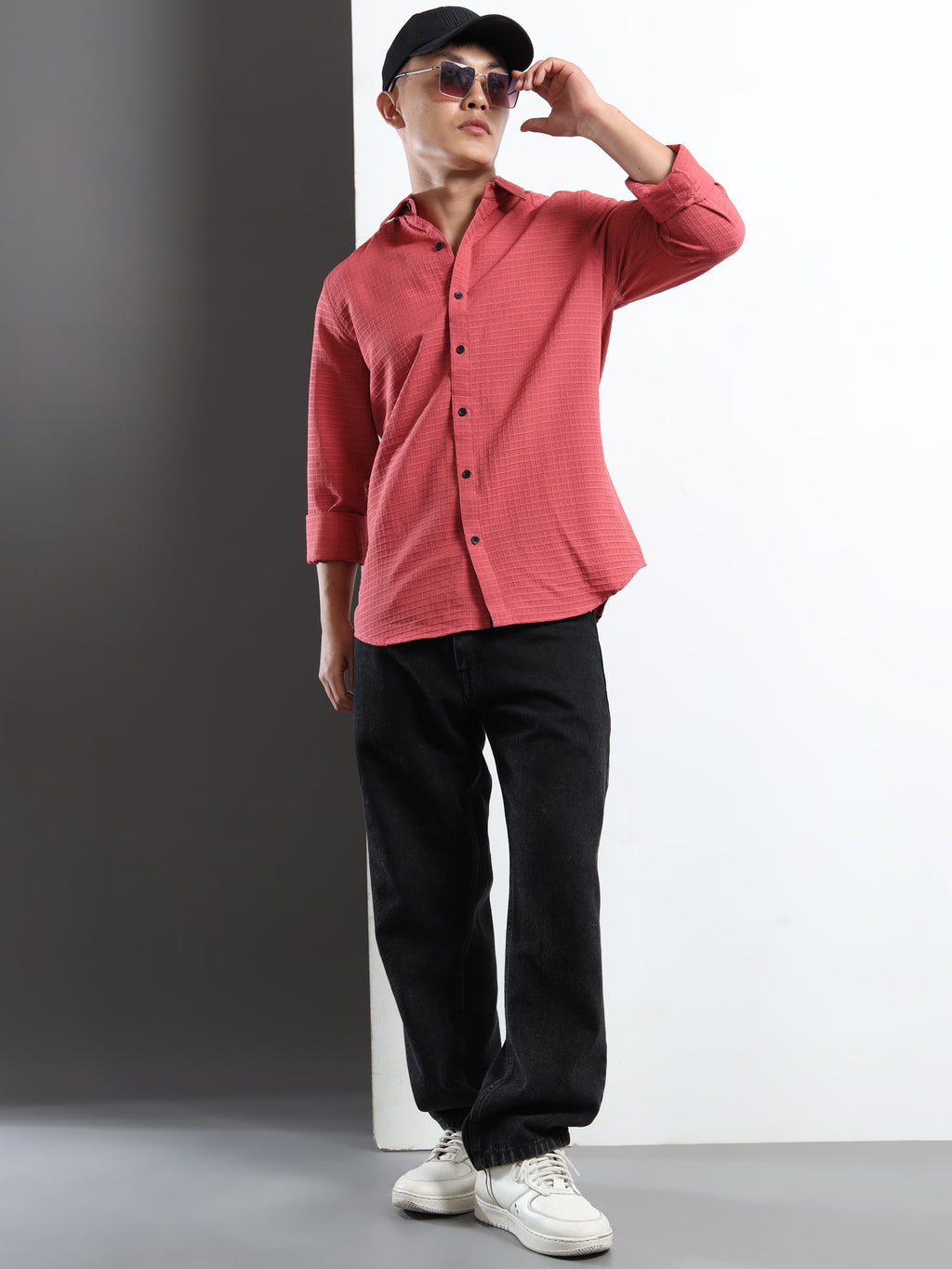 Men’s Pink Textured Grid Casual Shirt