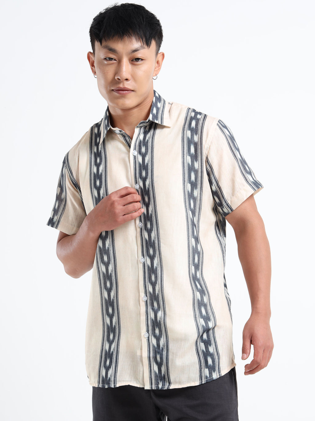 Men's White and Dark Grey Ikat Stripe Short Sleeve Shirt