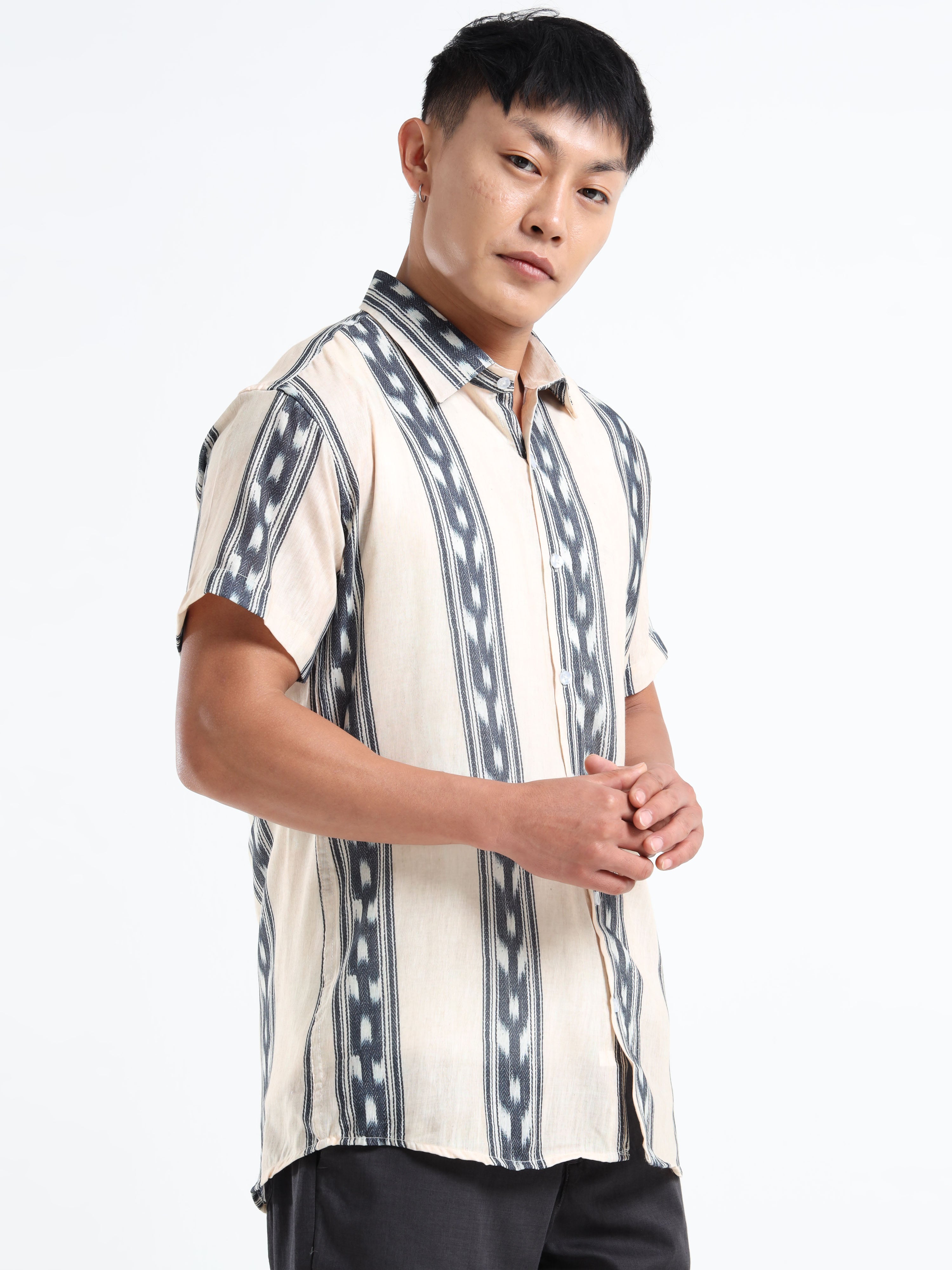 Men's White and Dark Grey Ikat Stripe Short Sleeve Shirt