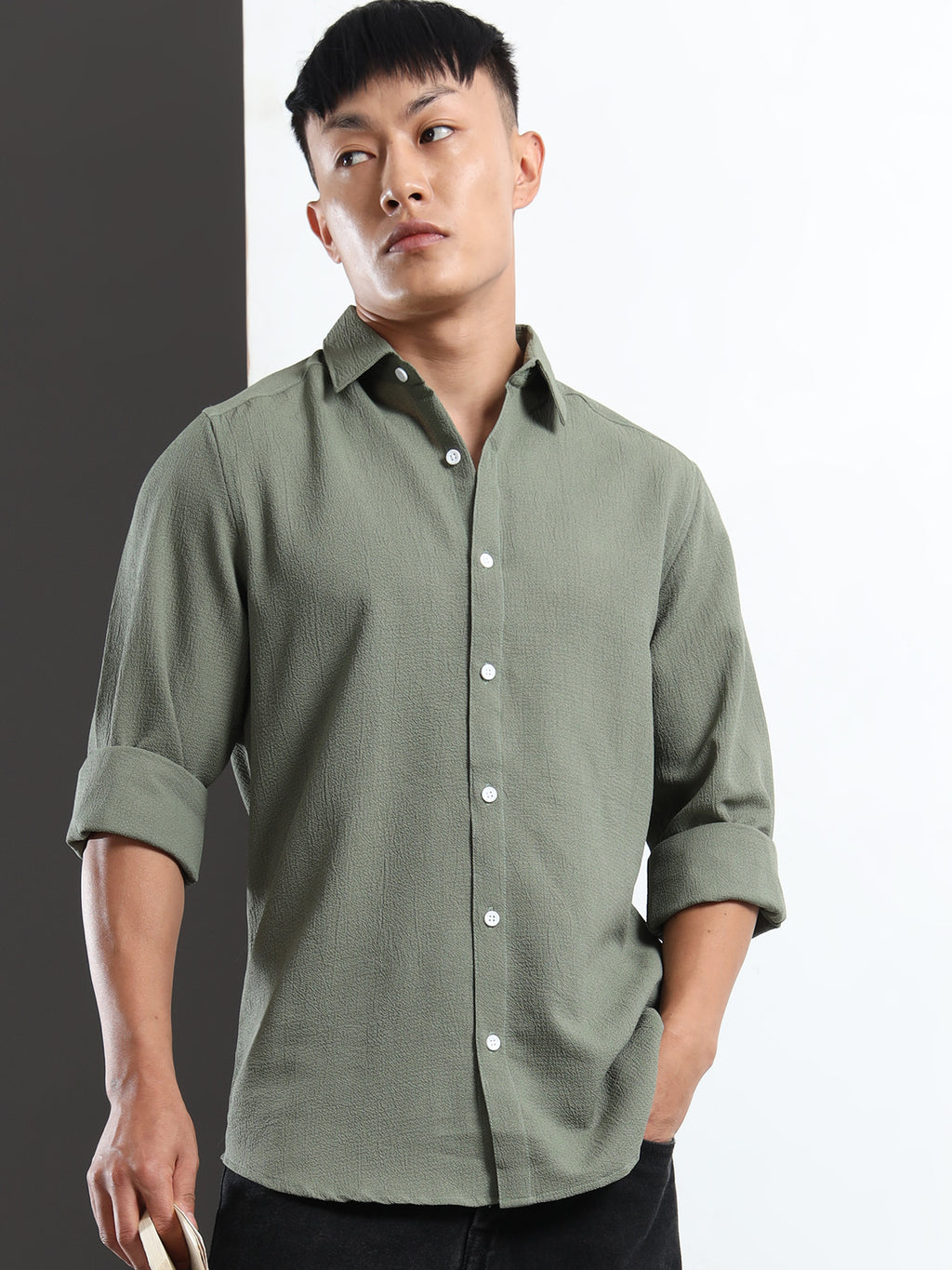 Men’s Olive Green Textured Casual Button-Down Shirt