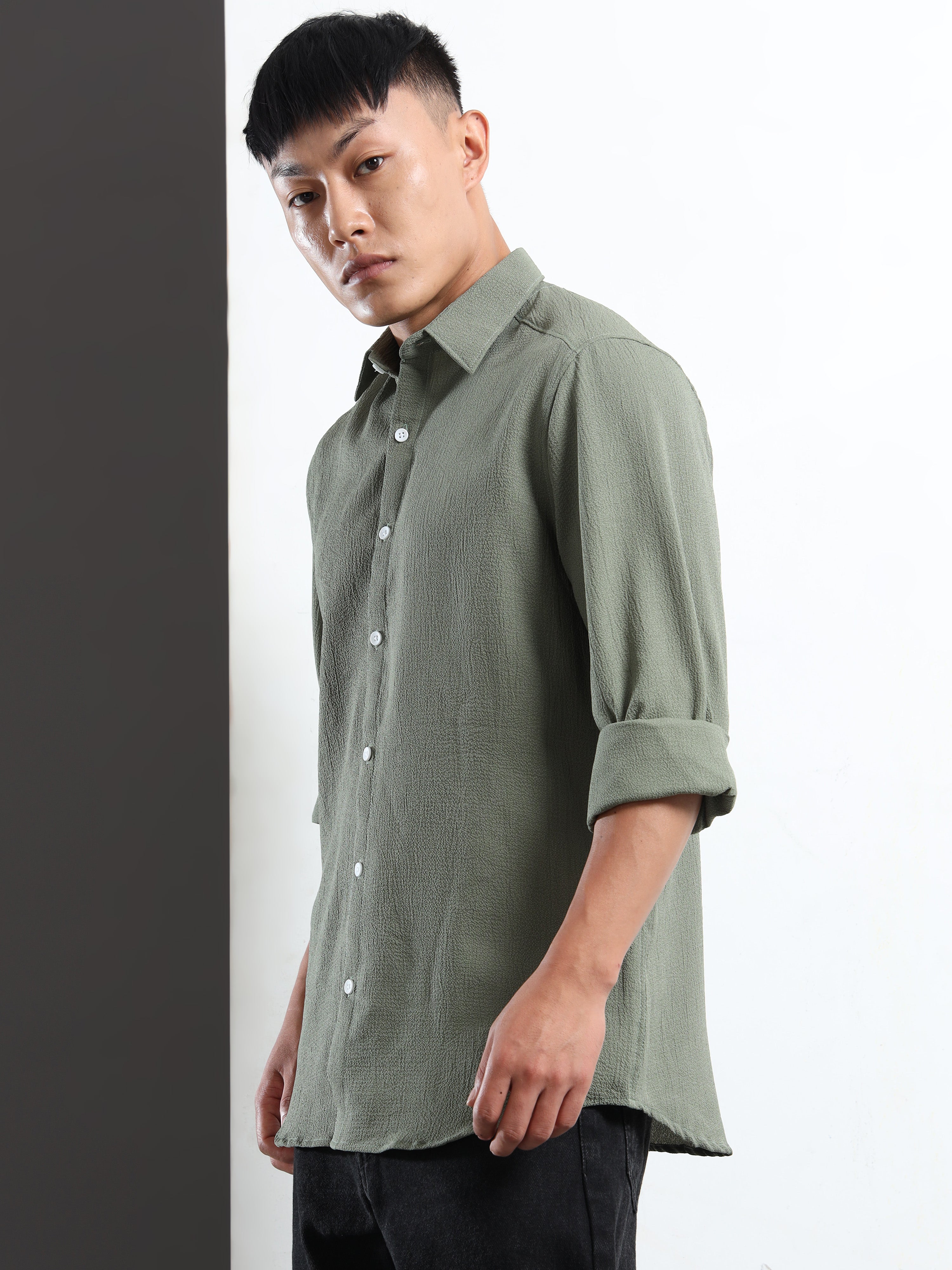 Men’s Olive Green Textured Casual Button-Down Shirt