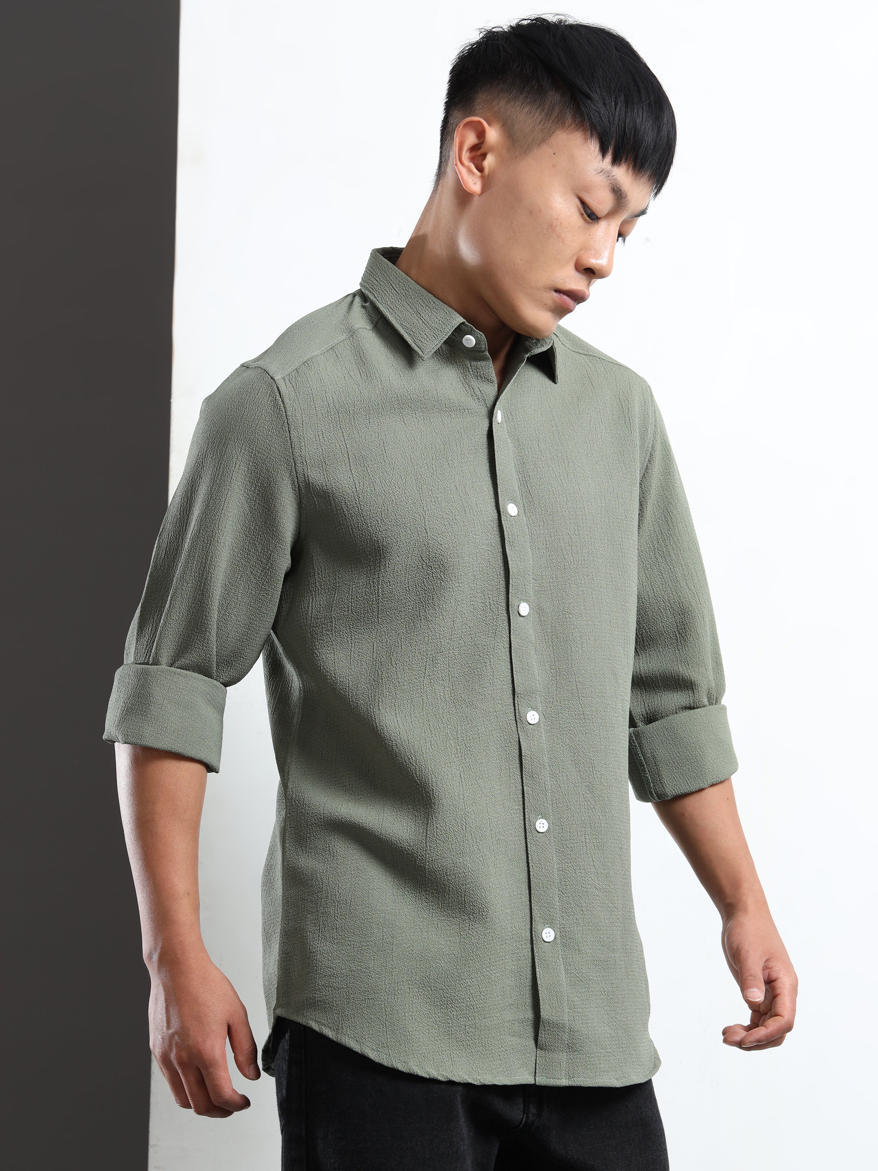 Men’s Olive Green Textured Casual Button-Down Shirt