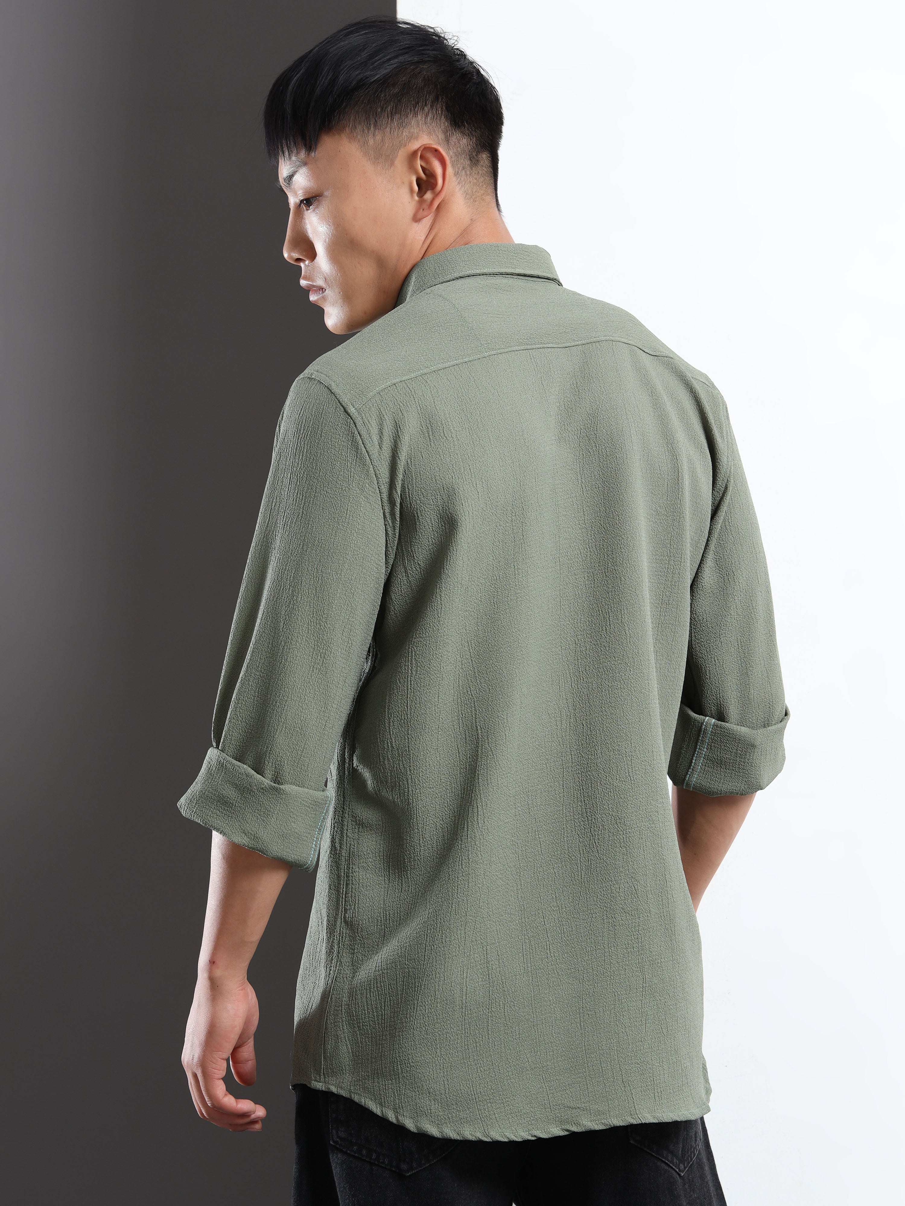 Men’s Olive Green Textured Casual Button-Down Shirt