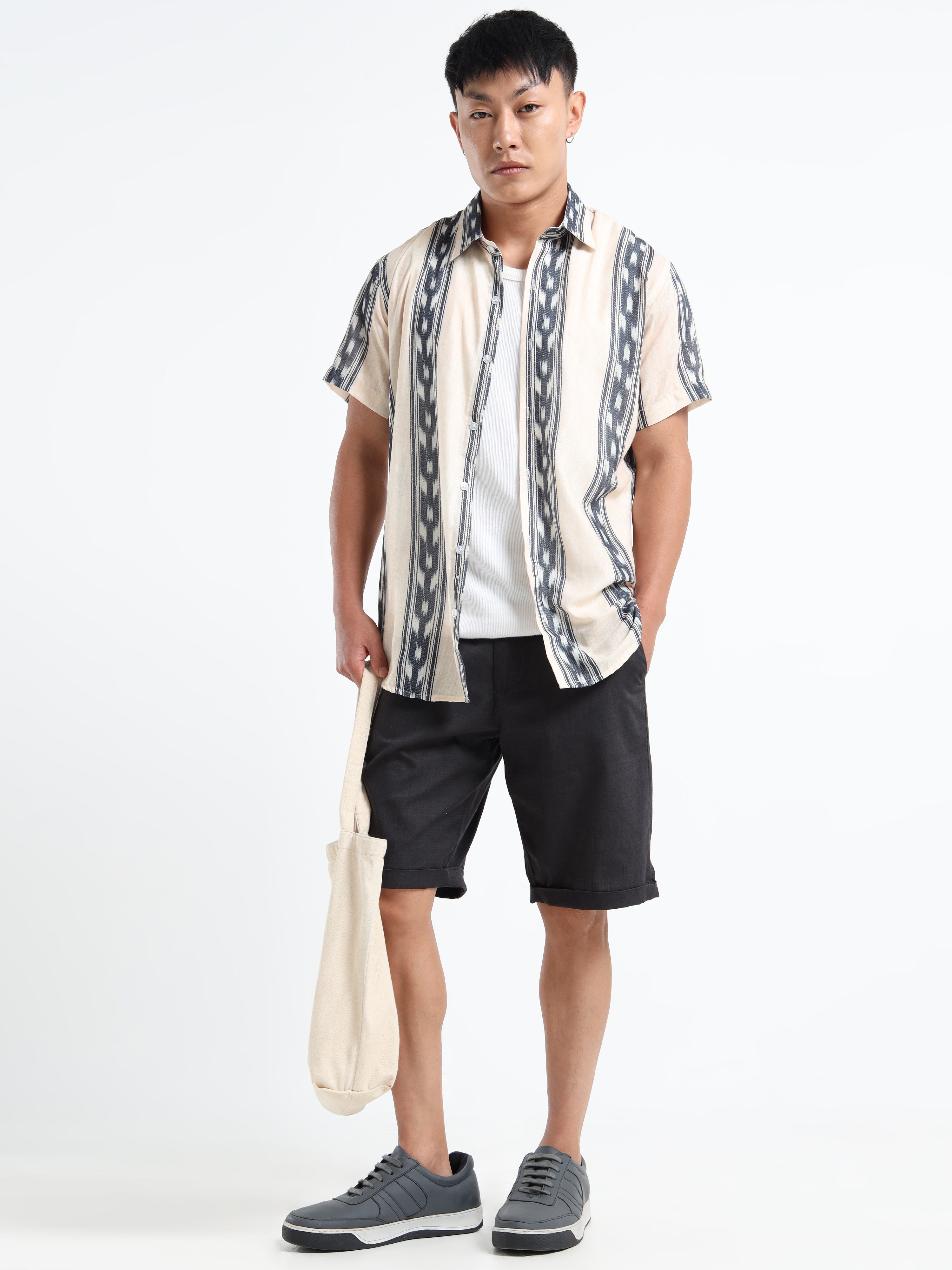 Men's White and Dark Grey Ikat Stripe Short Sleeve Shirt