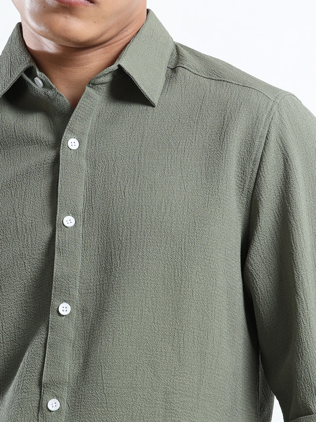 Men’s Olive Green Textured Casual Button-Down Shirt