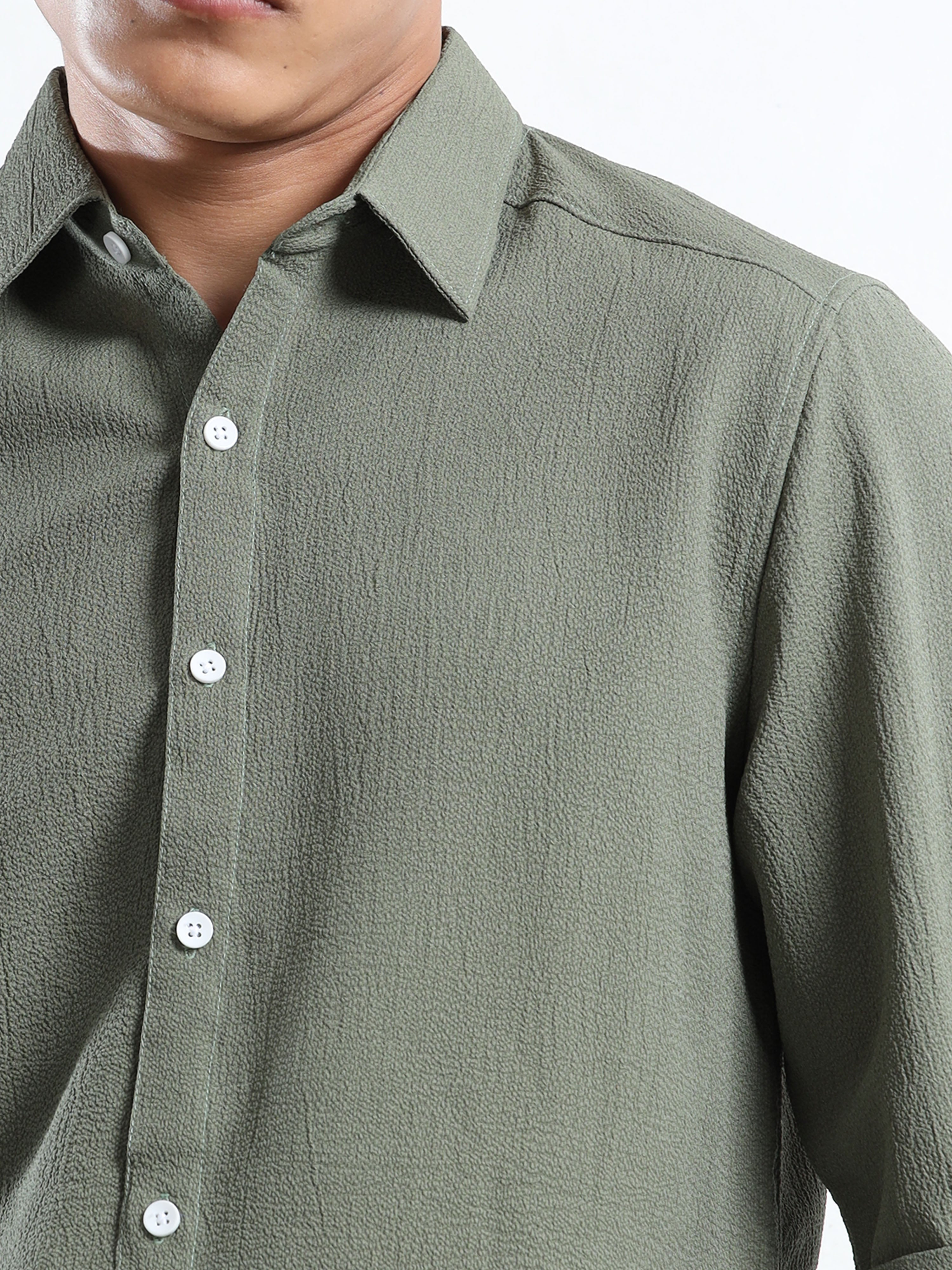 Men’s Olive Green Textured Casual Button-Down Shirt