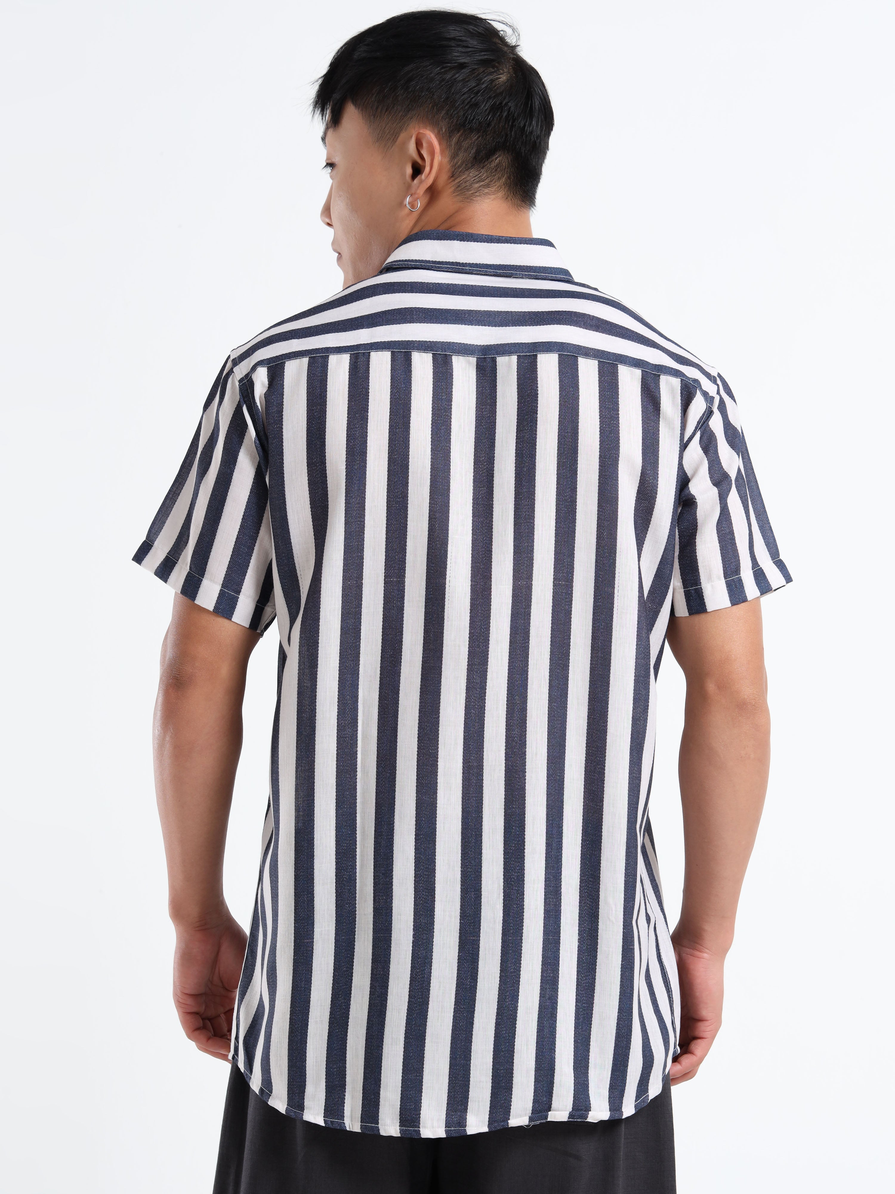 Men's White and Navy Bold Stripe Short Sleeve Shirt