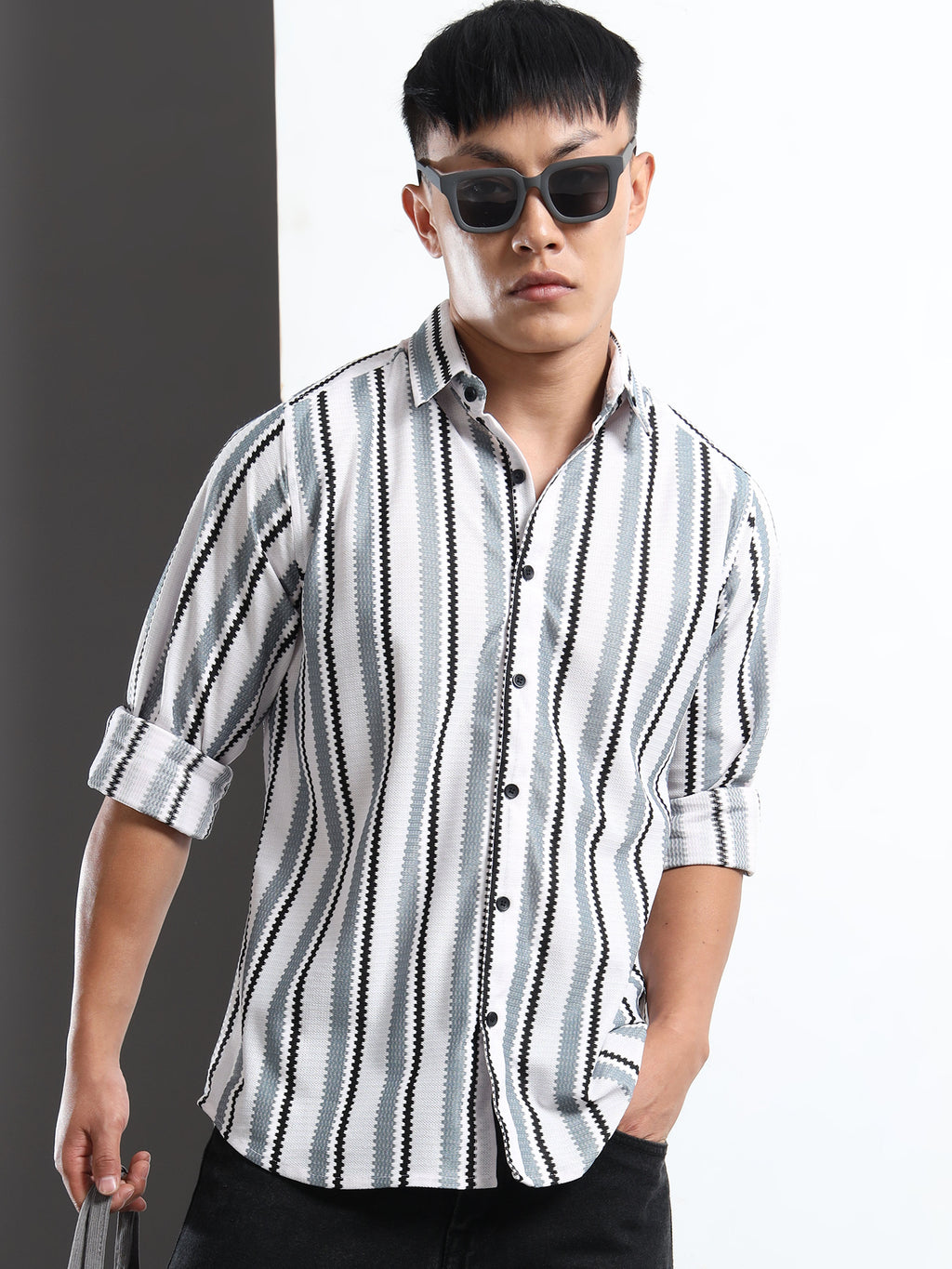 Men’s Grey-White Striped Textured Shirt