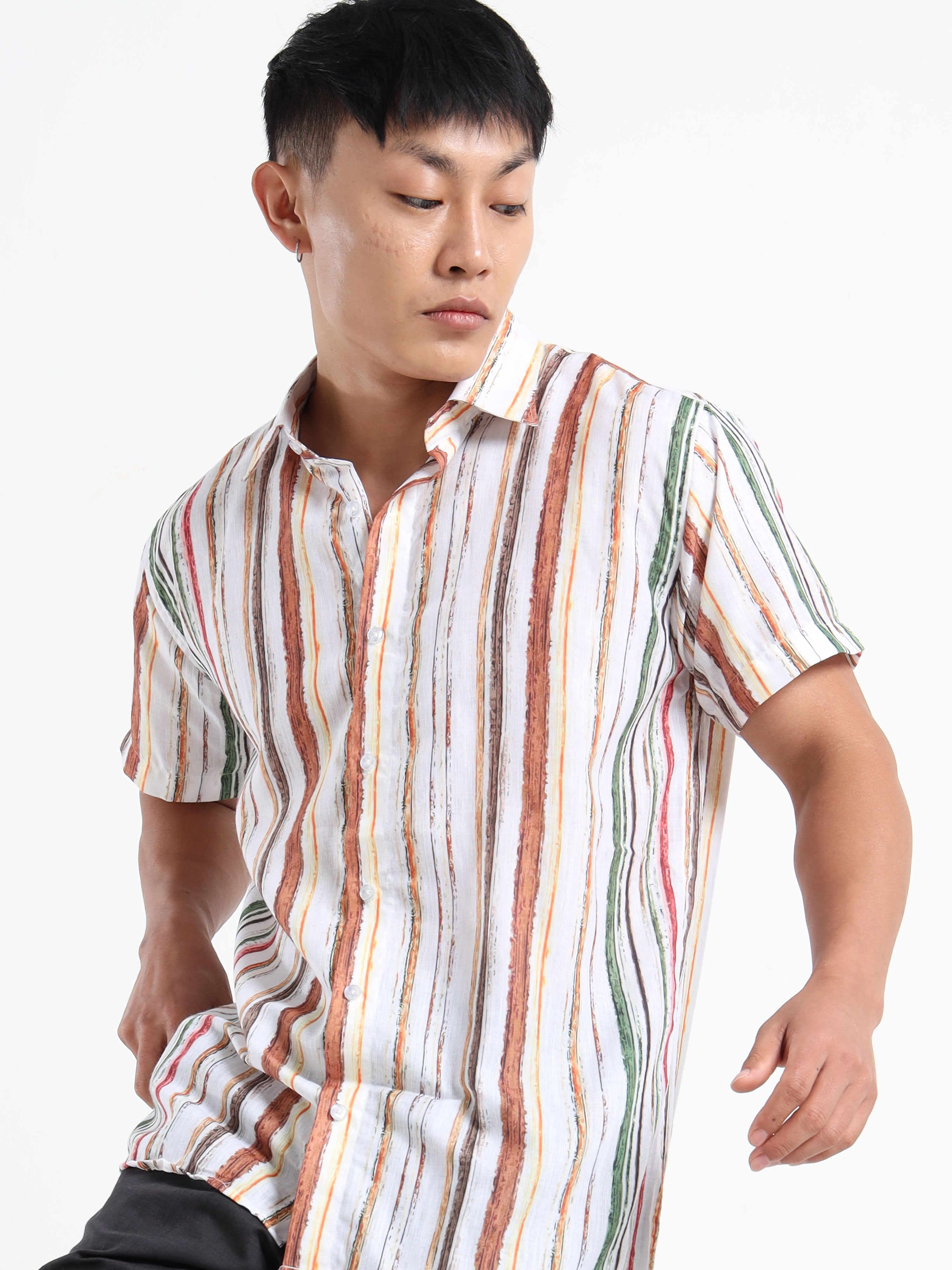 Men's White Multi-Color Brushstroke Stripe Short Sleeve Shirt