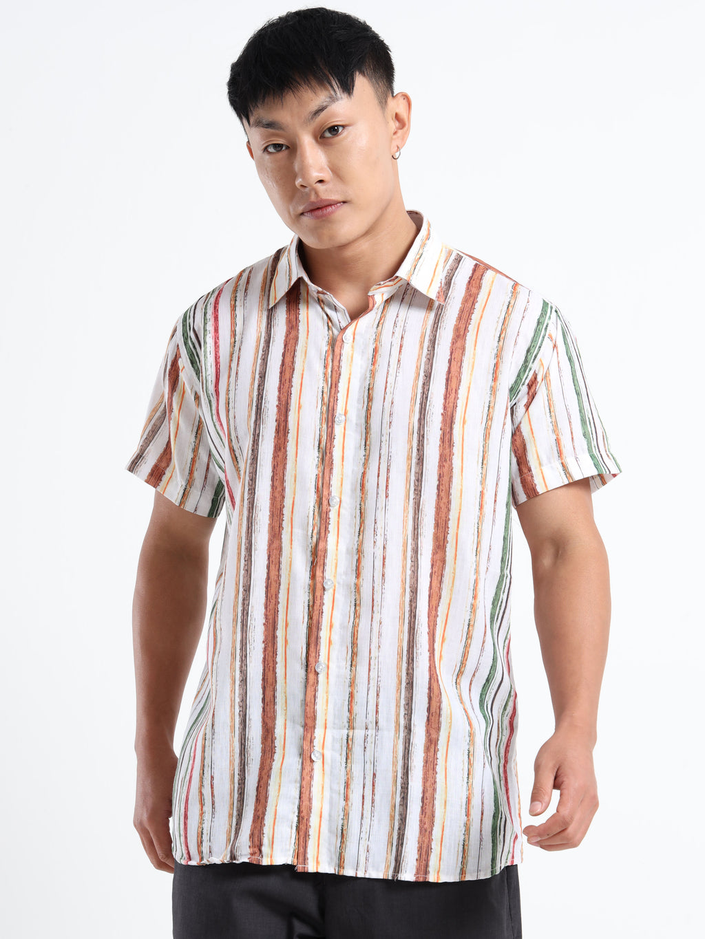 Men's White Multi-Color Brushstroke Stripe Short Sleeve Shirt