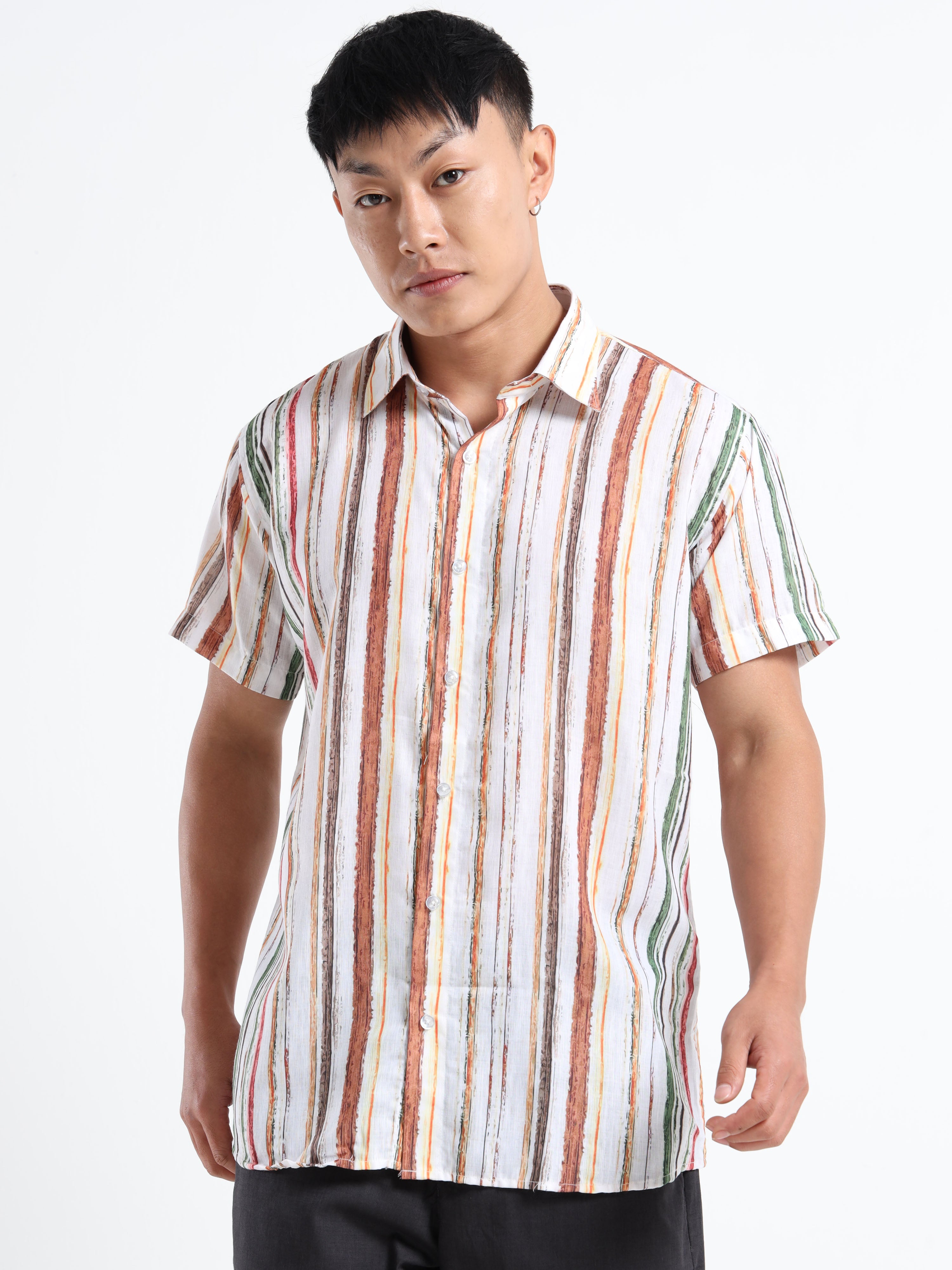Men's White Multi-Color Brushstroke Stripe Short Sleeve Shirt