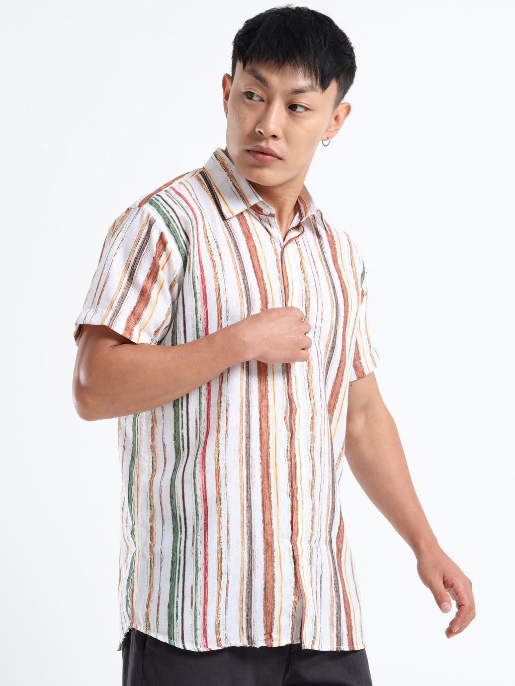 Men's White Multi-Color Brushstroke Stripe Short Sleeve Shirt