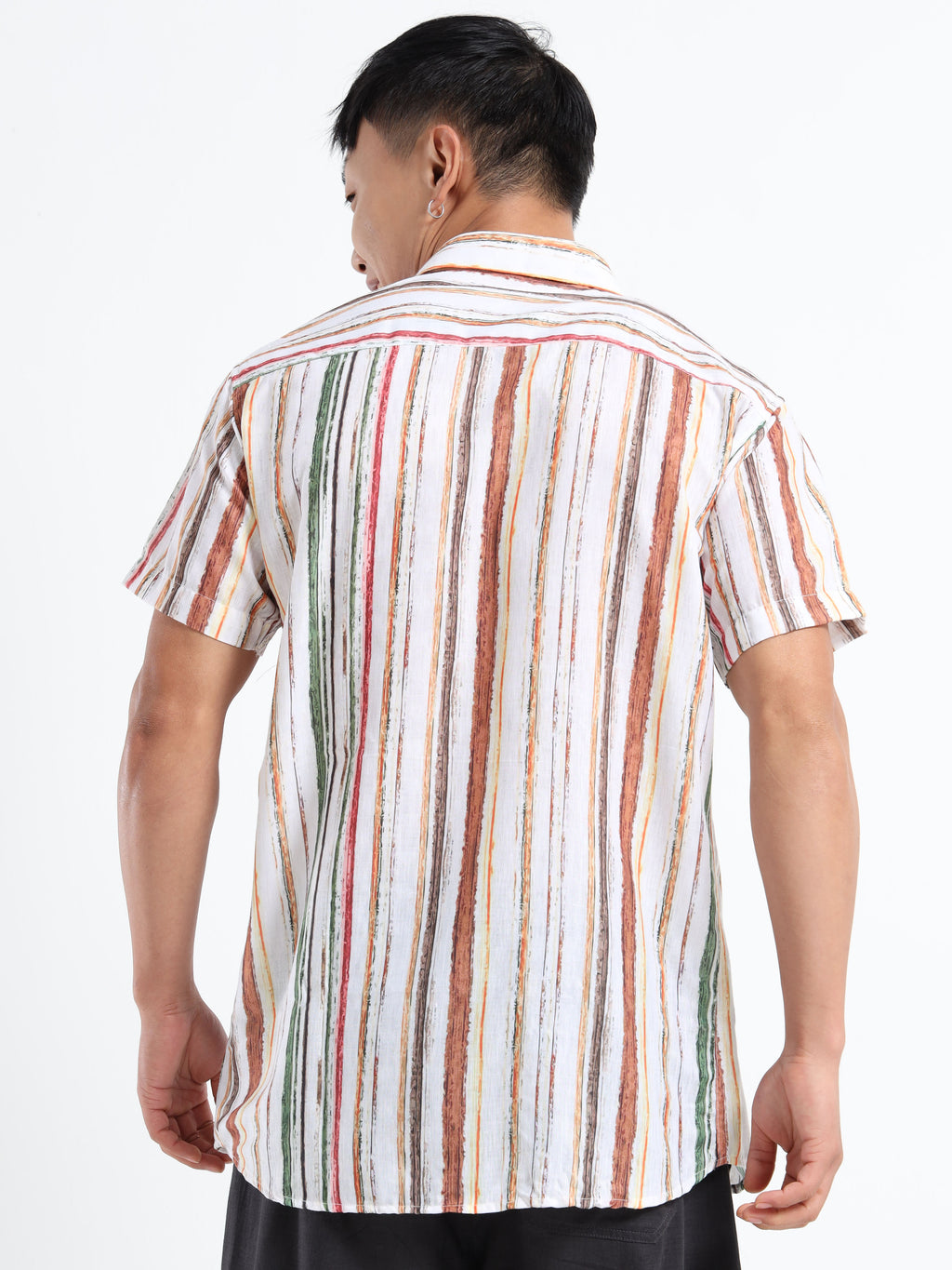 Men's White Multi-Color Brushstroke Stripe Short Sleeve Shirt