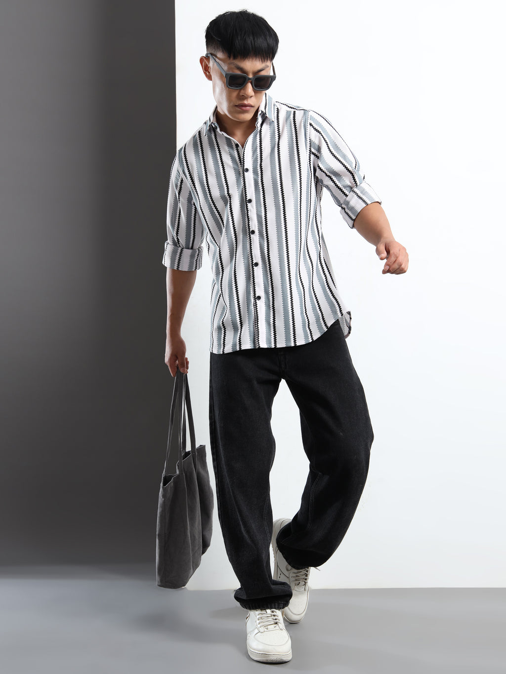 Men’s Grey-White Striped Textured Shirt