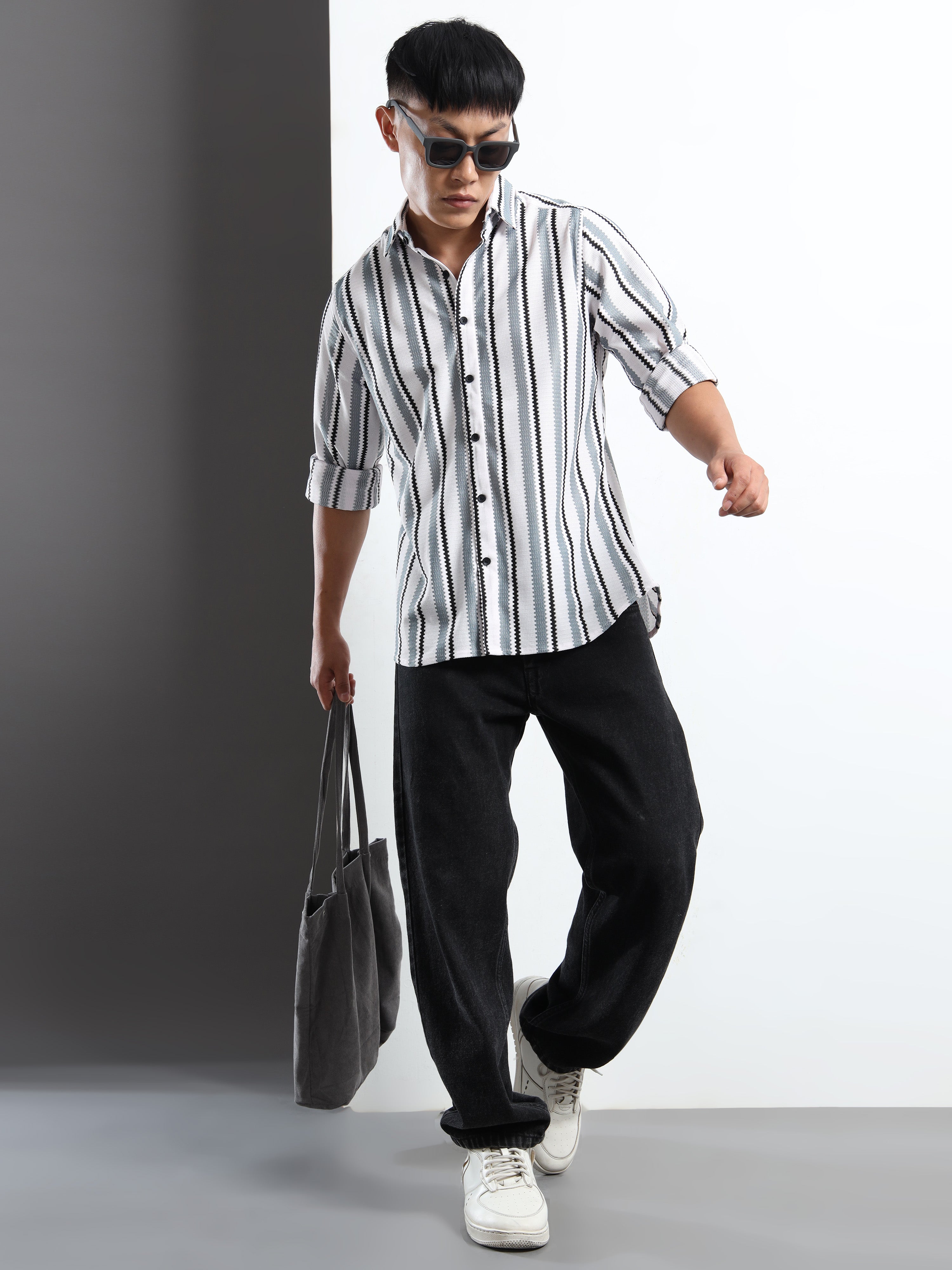 Men’s Grey-White Striped Textured Shirt