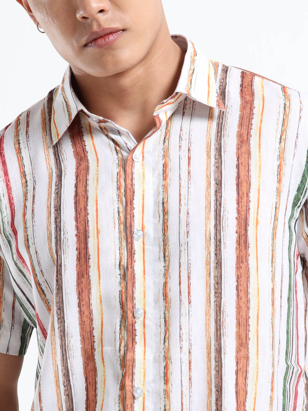 Men's White Multi-Color Brushstroke Stripe Short Sleeve Shirt