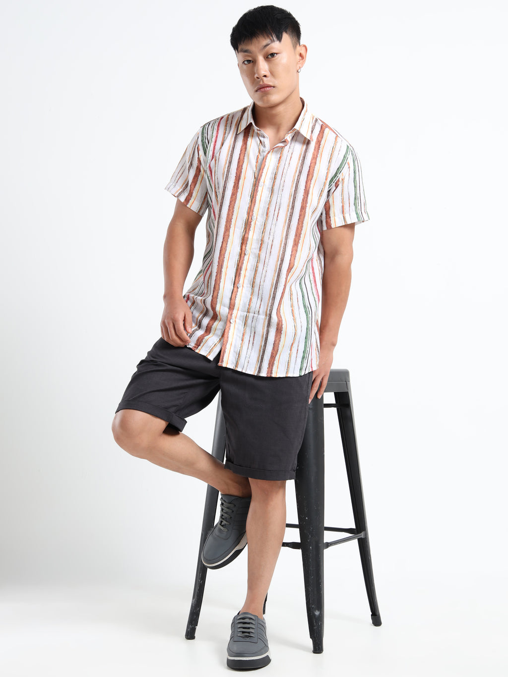 Men's White Multi-Color Brushstroke Stripe Short Sleeve Shirt