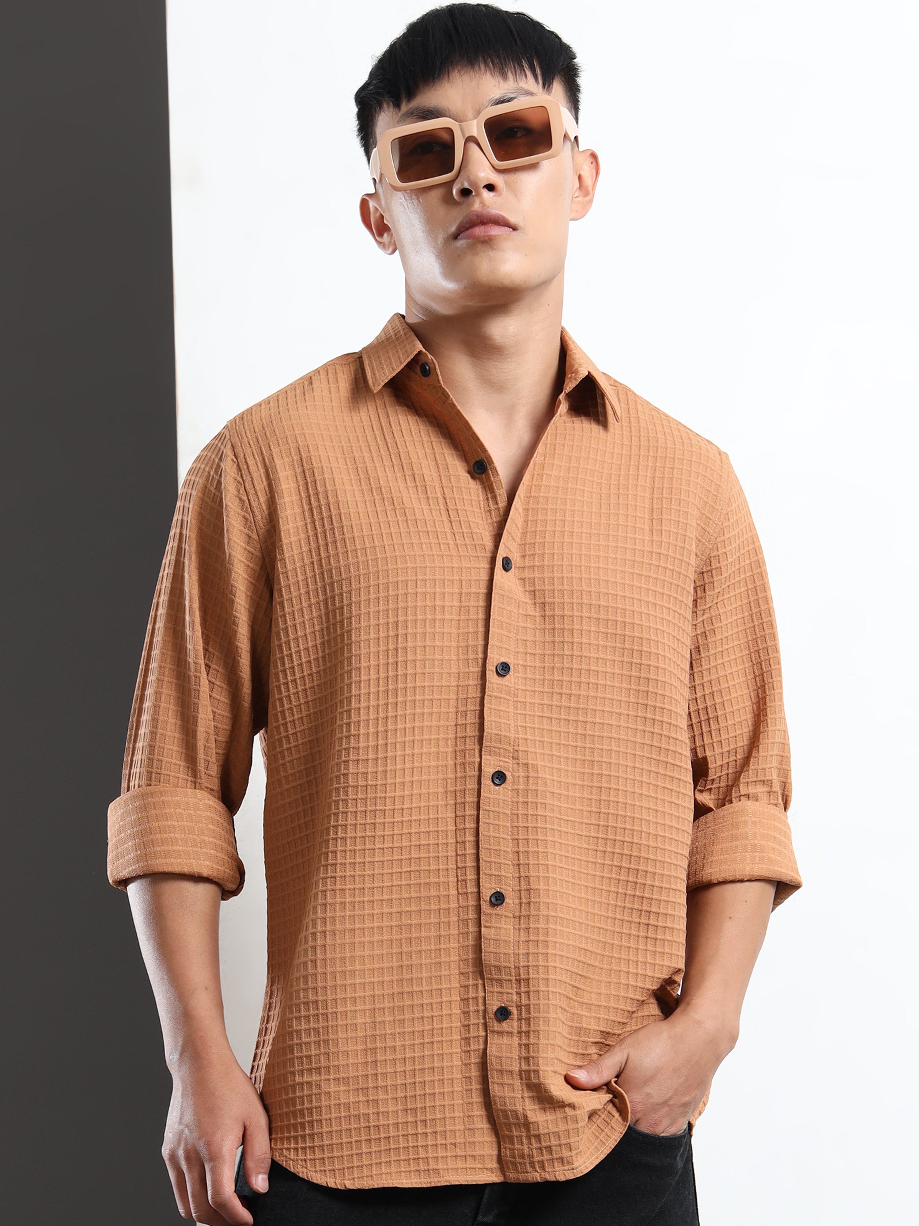 Men’s Brown Textured Grid Casual Shirt