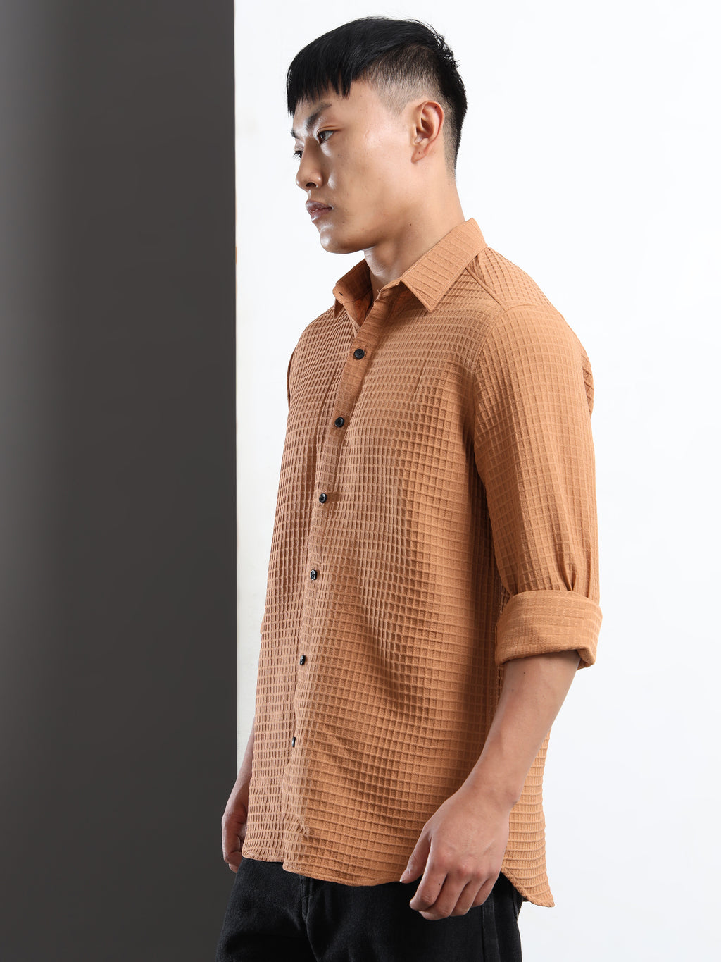 Men’s Brown Textured Grid Casual Shirt