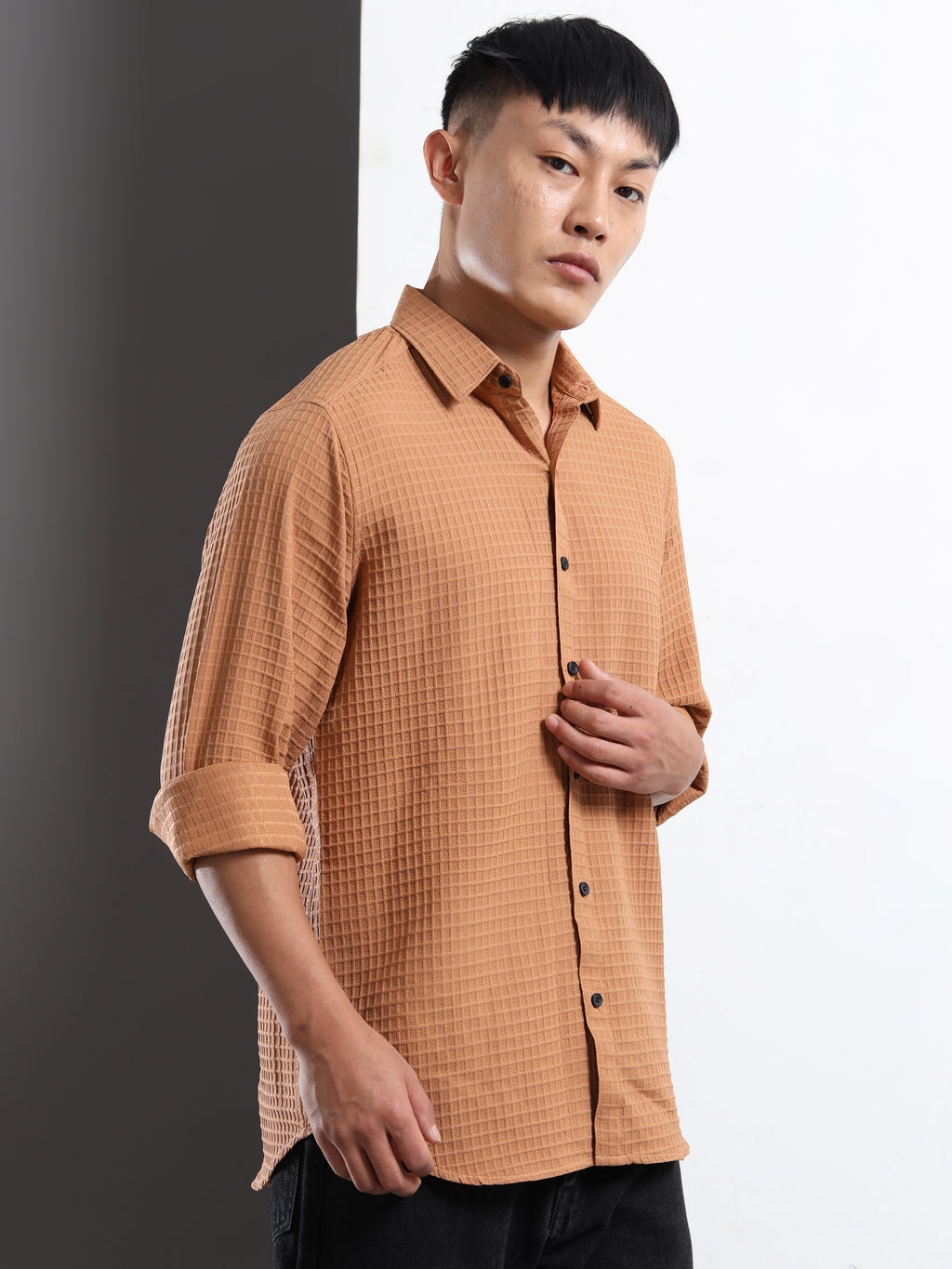 Men’s Brown Textured Grid Casual Shirt