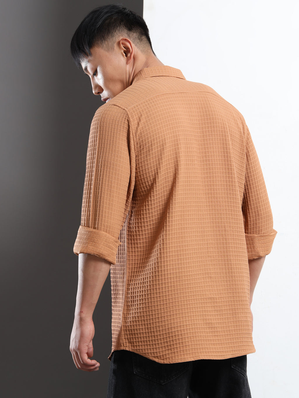 Men’s Brown Textured Grid Casual Shirt
