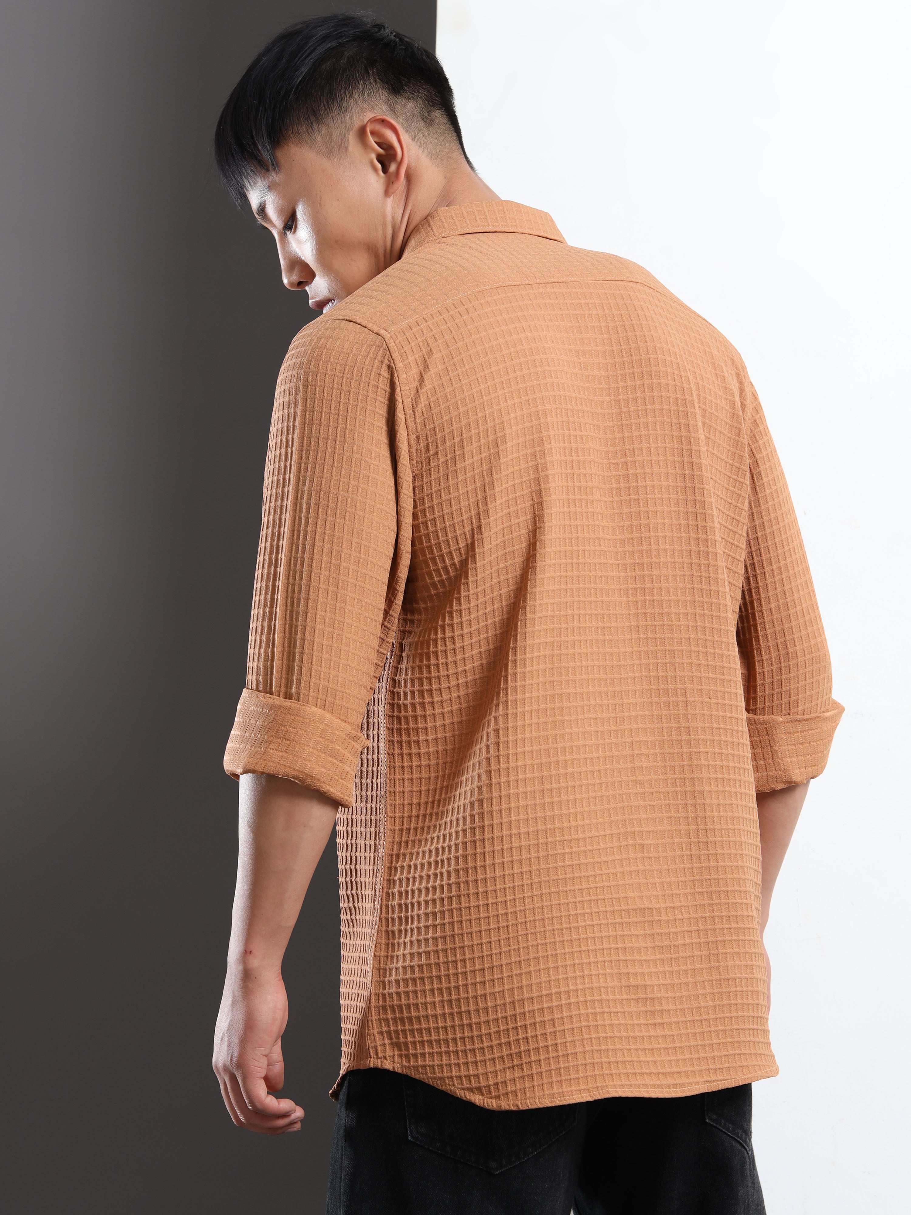 Men’s Brown Textured Grid Casual Shirt