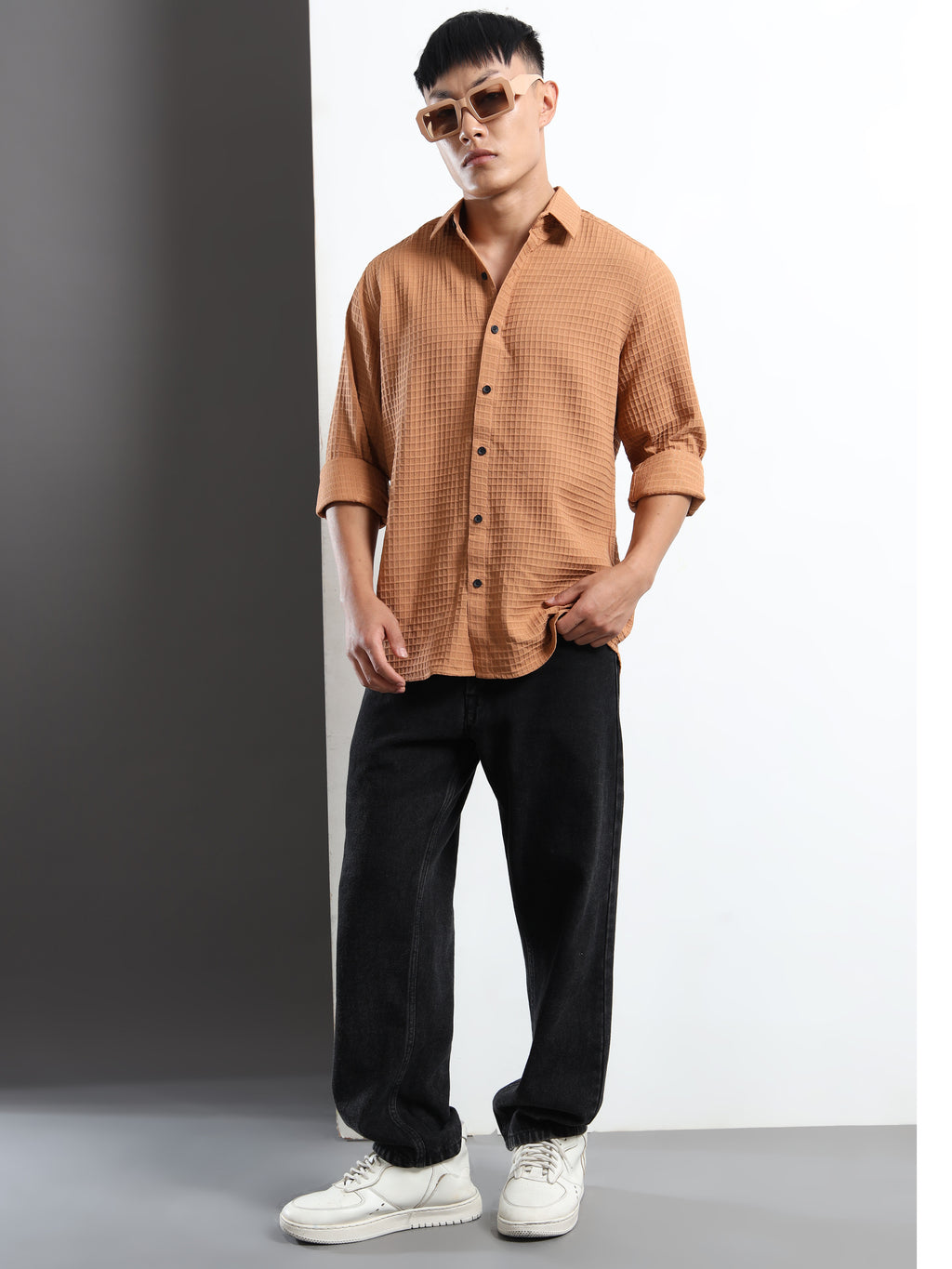 Men’s Brown Textured Grid Casual Shirt