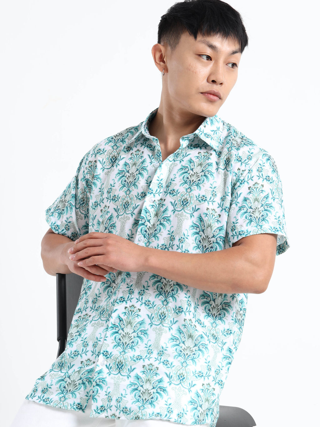 Men's White and Teal Damask Print Short Sleeve Shirt