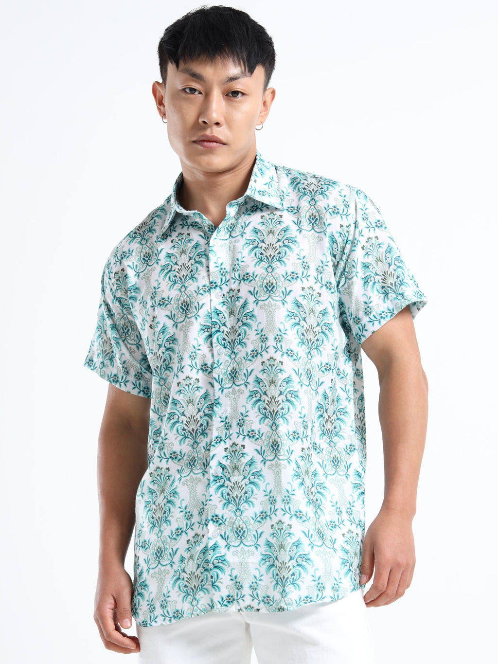 Men's White and Teal Damask Print Short Sleeve Shirt