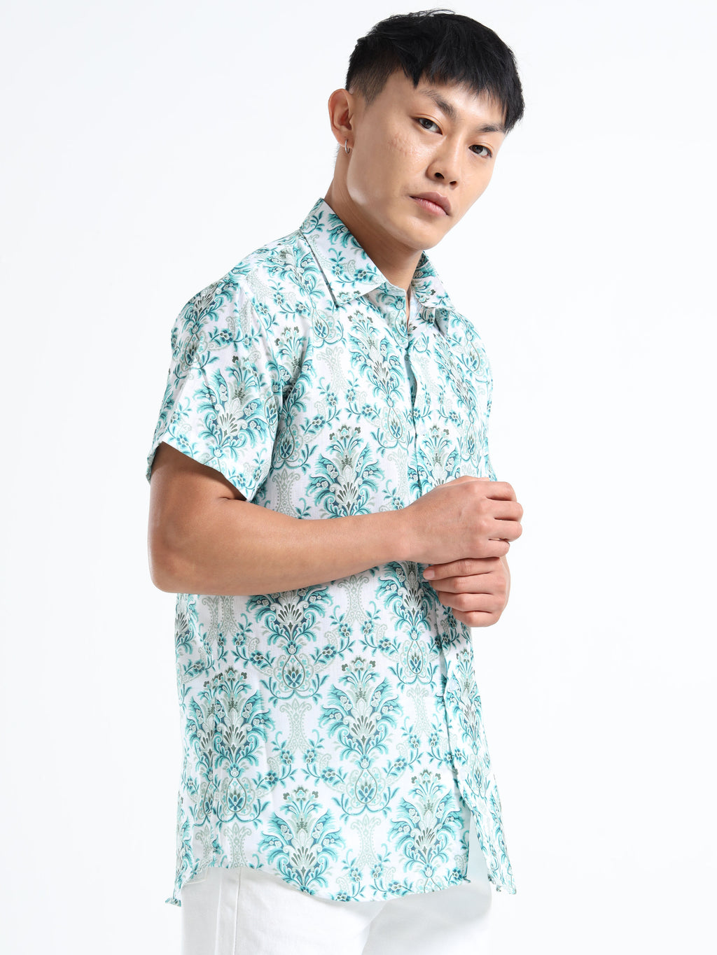 Men's White and Teal Damask Print Short Sleeve Shirt
