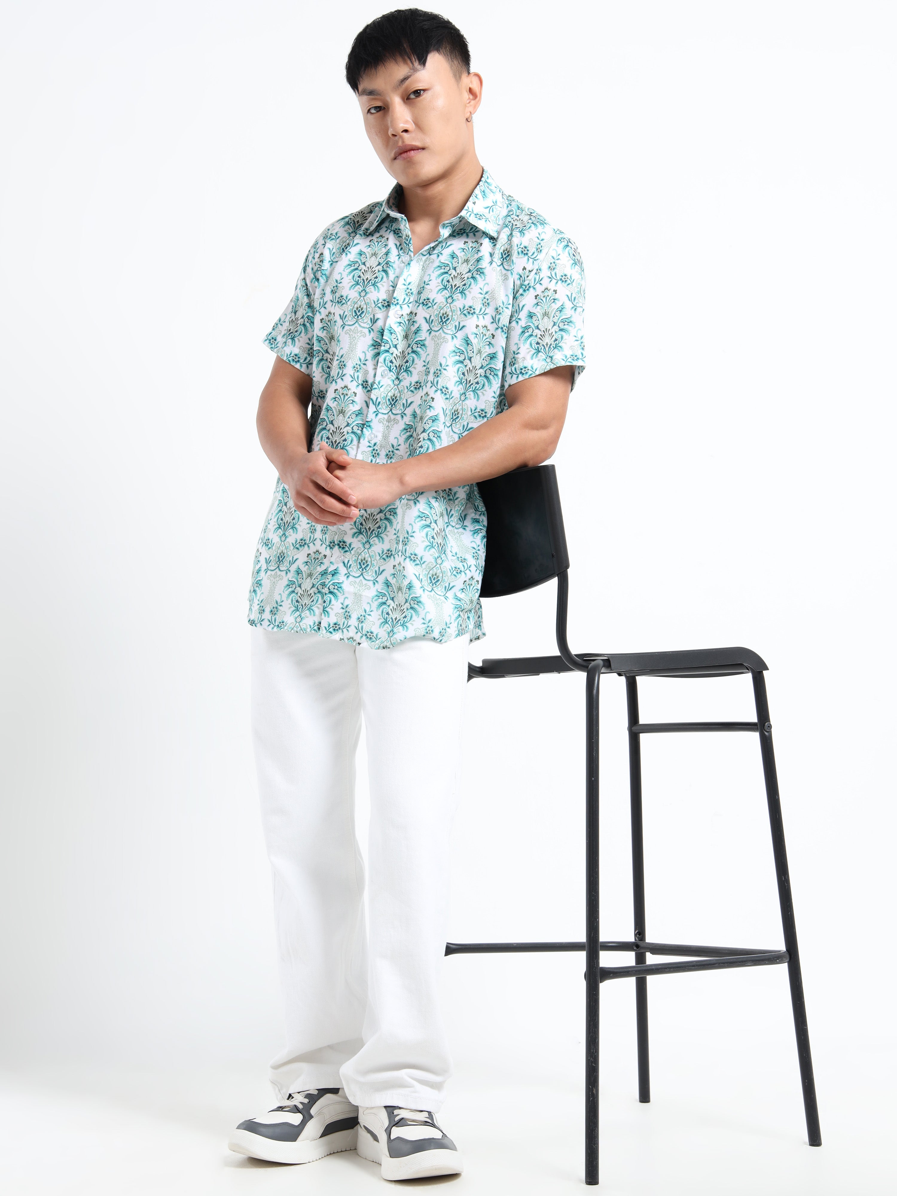 Men's White and Teal Damask Print Short Sleeve Shirt