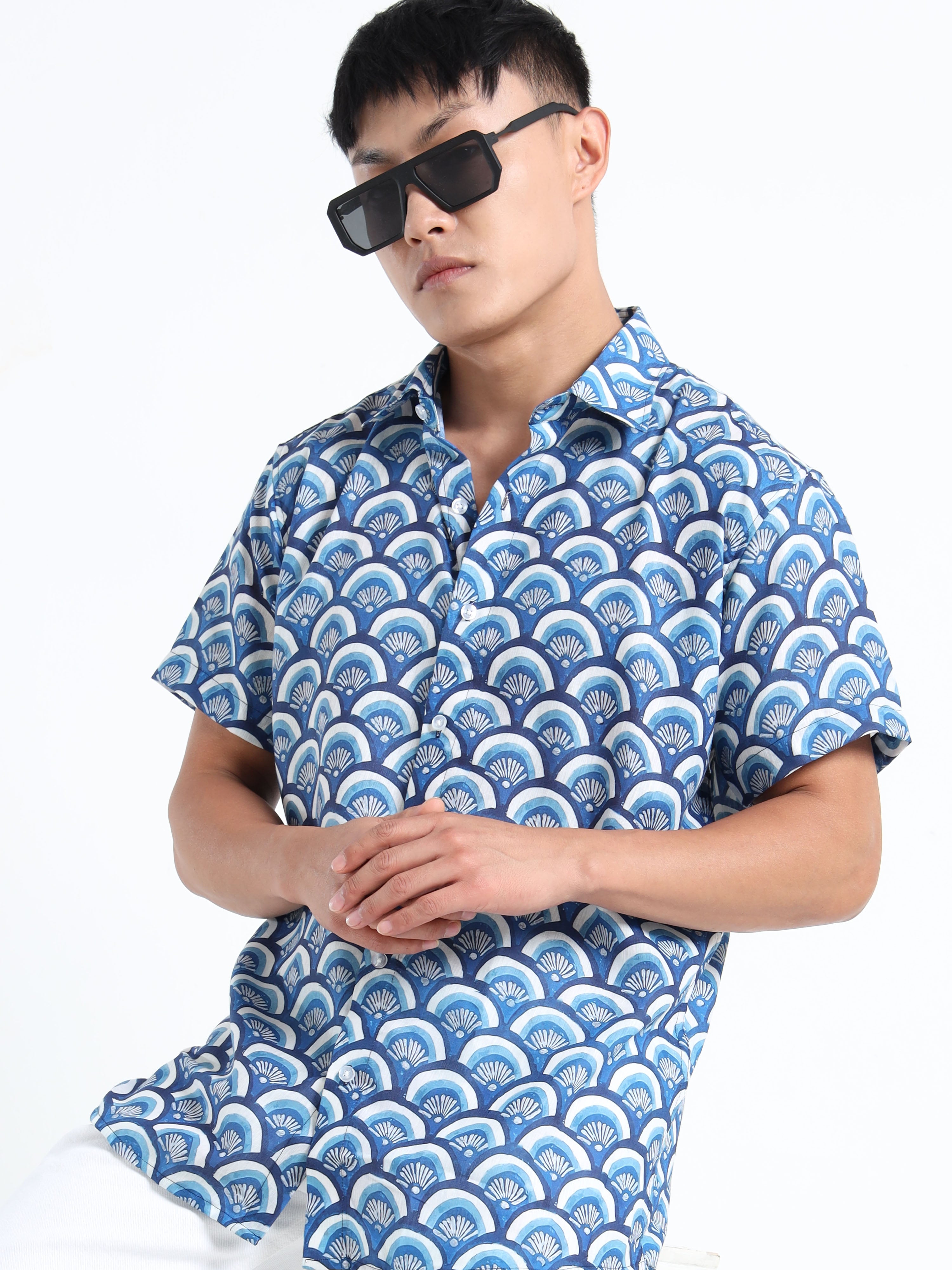 Men's Indigo Blue Scallop Print Short Sleeve Shirt