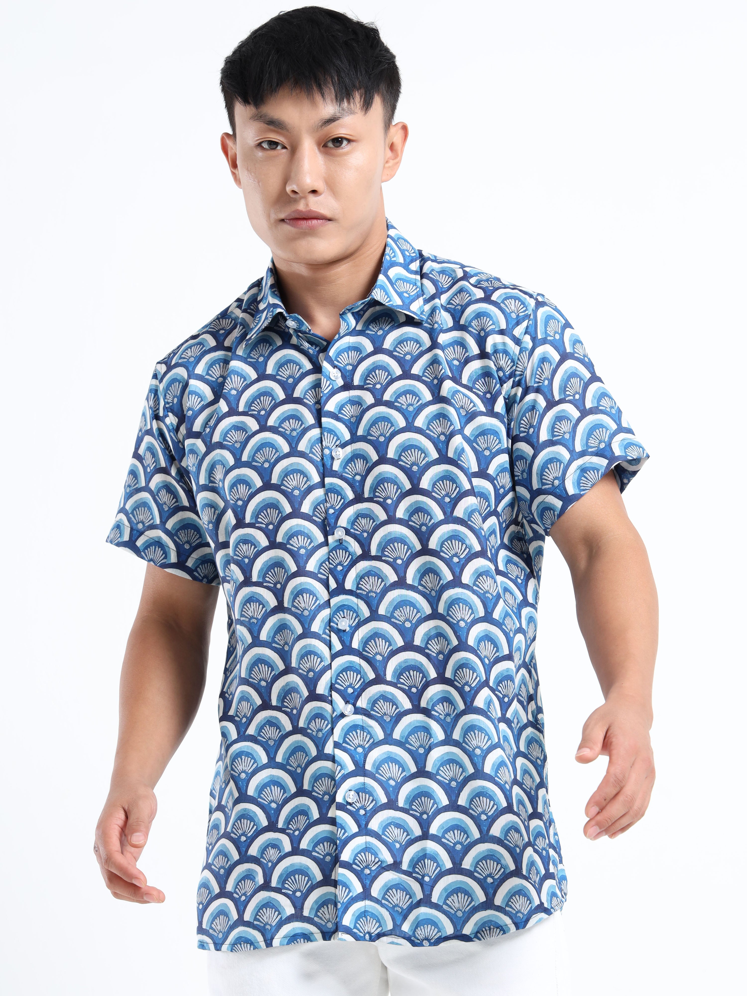 Men's Indigo Blue Scallop Print Short Sleeve Shirt