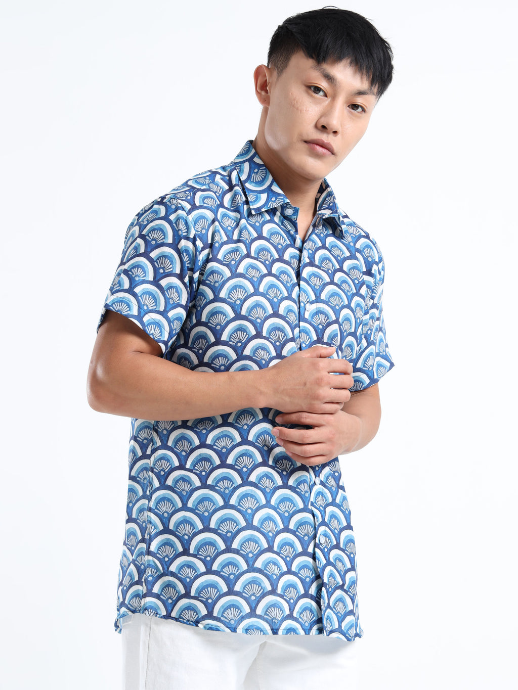 Men's Indigo Blue Scallop Print Short Sleeve Shirt