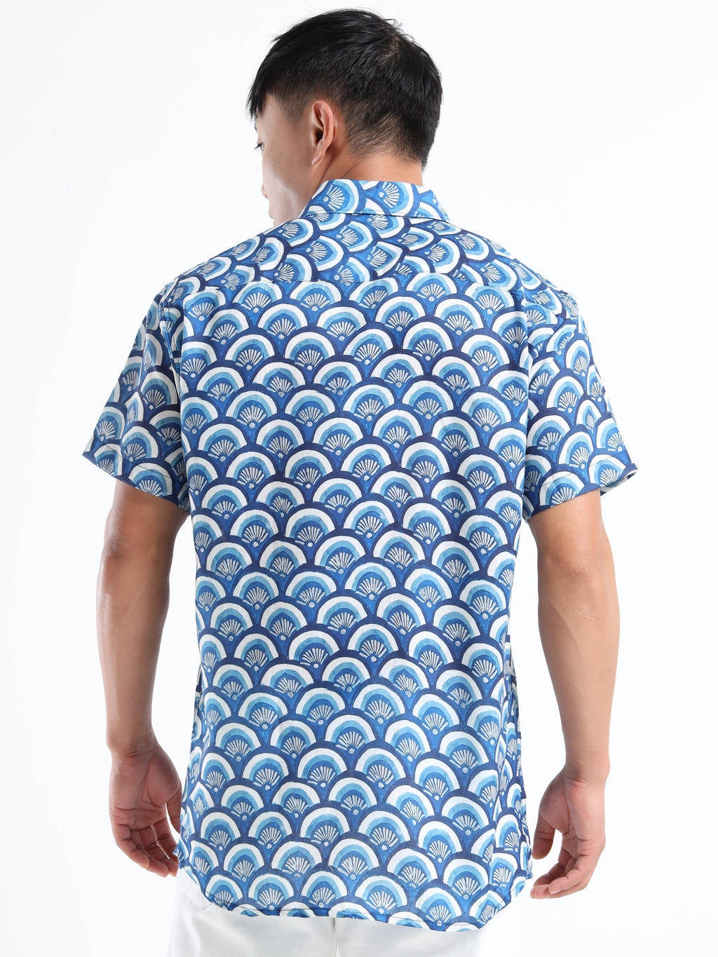 Men's Indigo Blue Scallop Print Short Sleeve Shirt