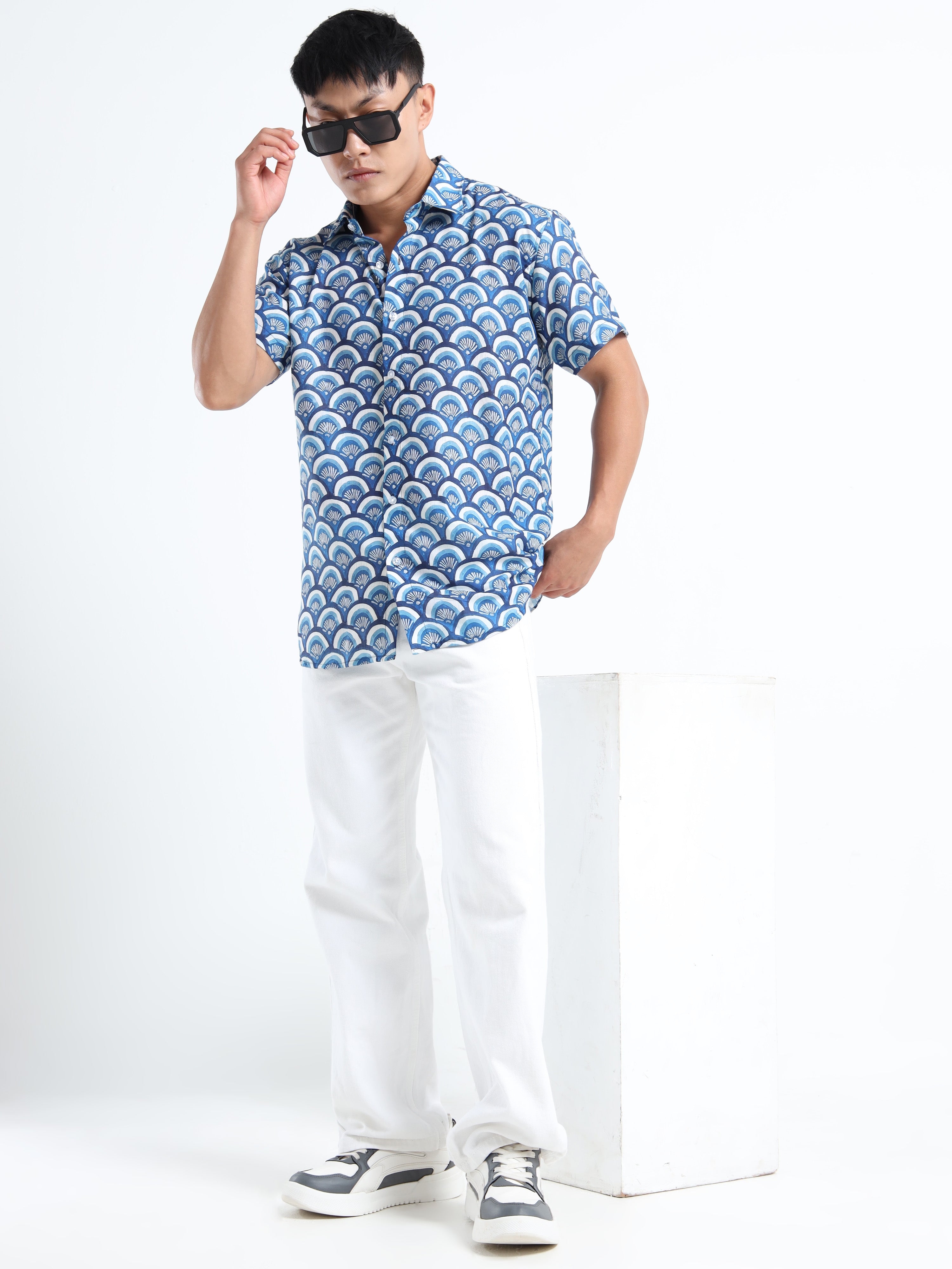 Men's Indigo Blue Scallop Print Short Sleeve Shirt