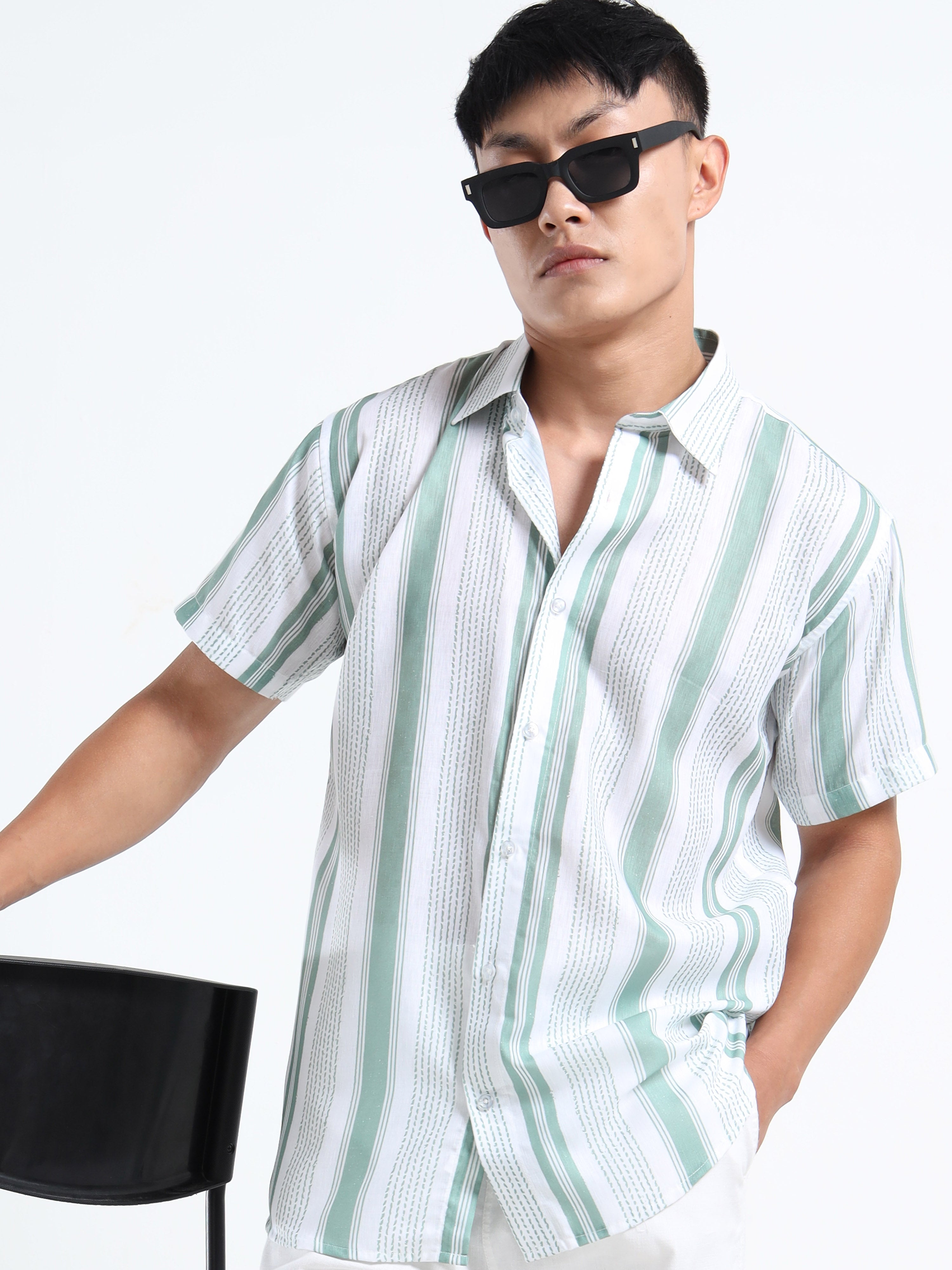 Men's Sea Green Vertical Stripe Short Sleeve Shirt