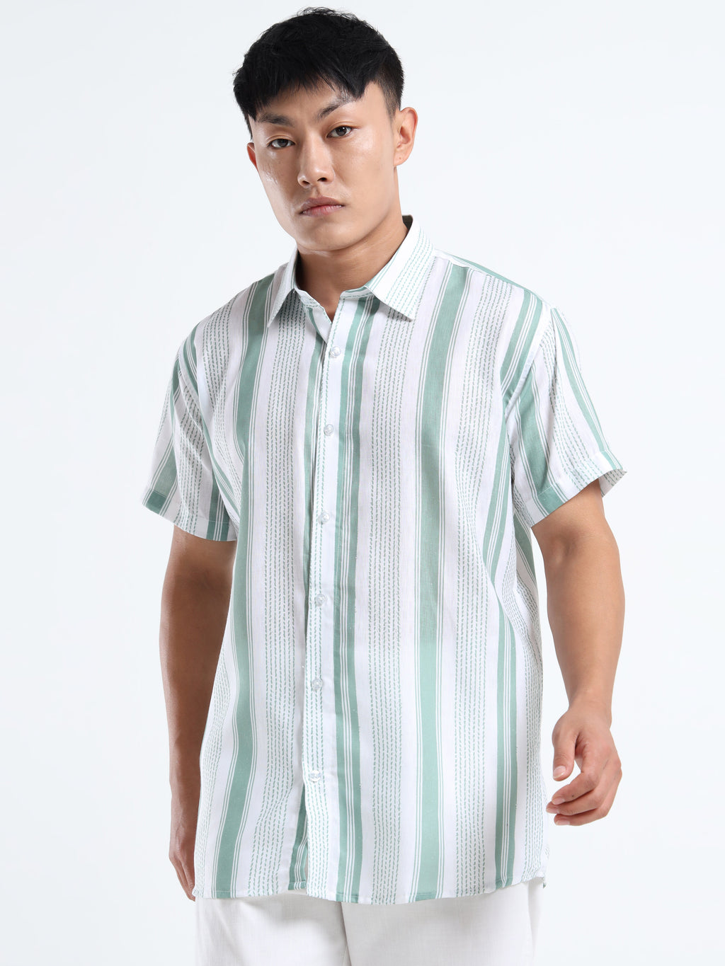 Men's Sea Green Vertical Stripe Short Sleeve Shirt