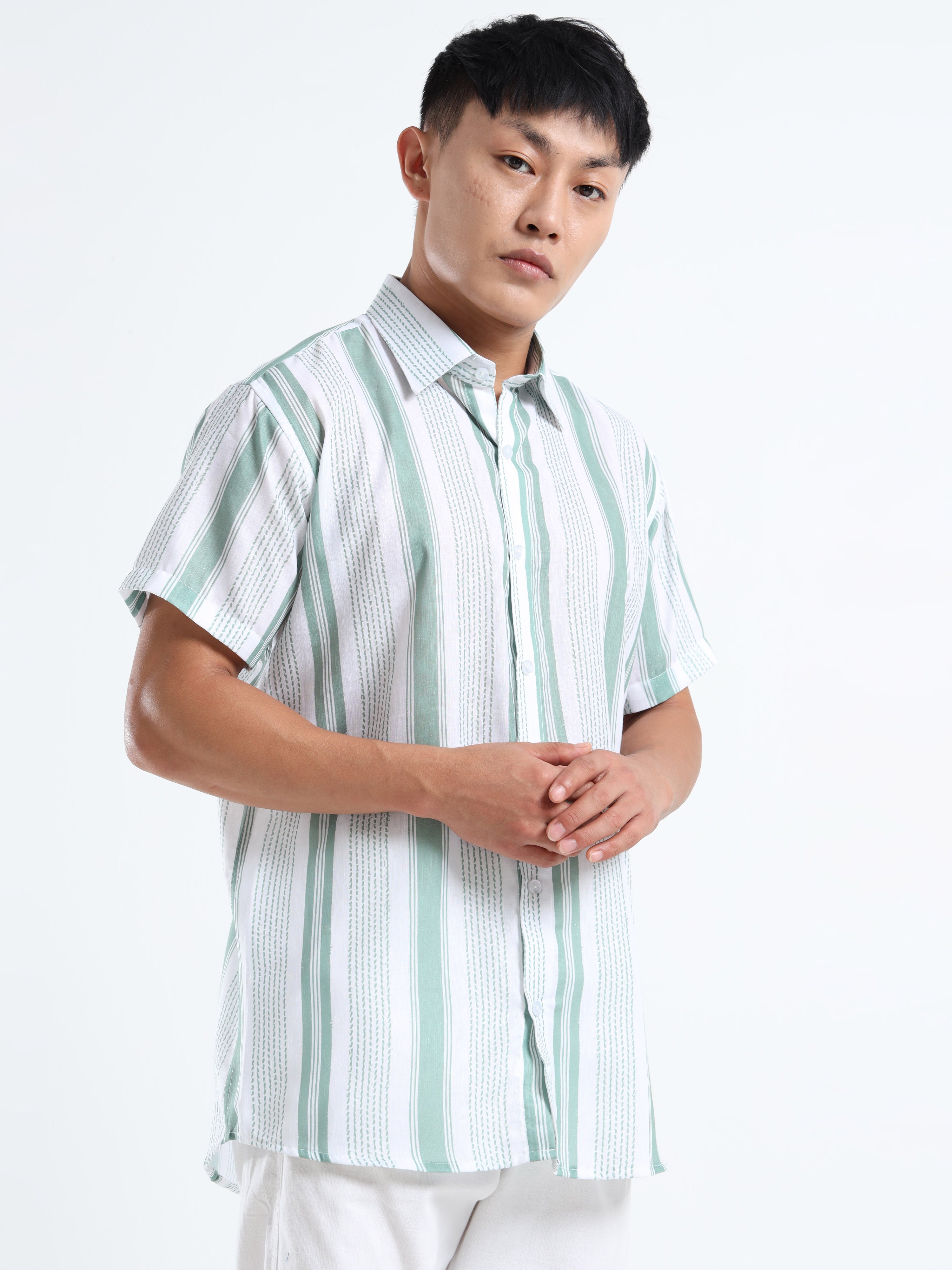 Men's Sea Green Vertical Stripe Short Sleeve Shirt
