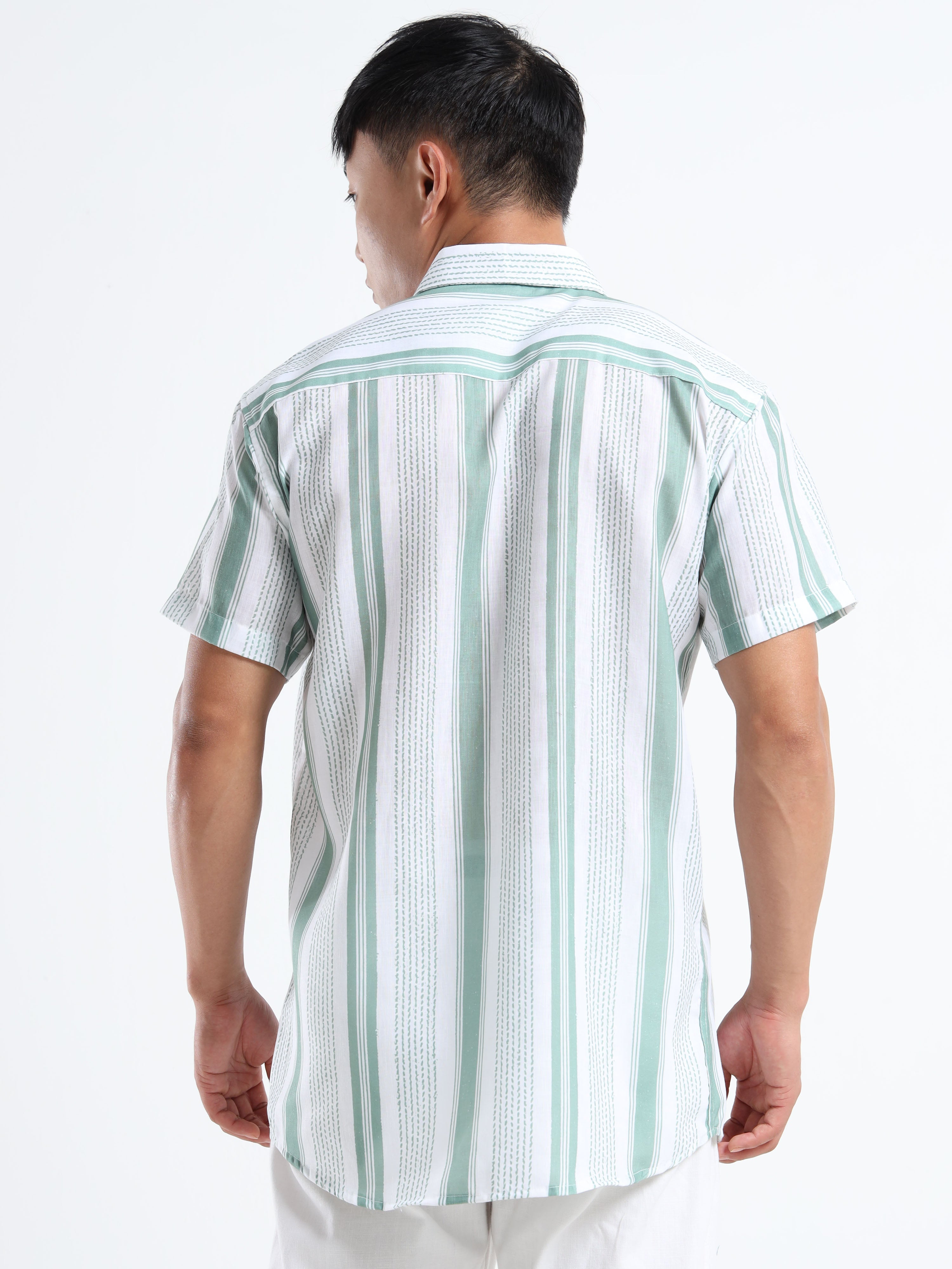 Men's Sea Green Vertical Stripe Short Sleeve Shirt