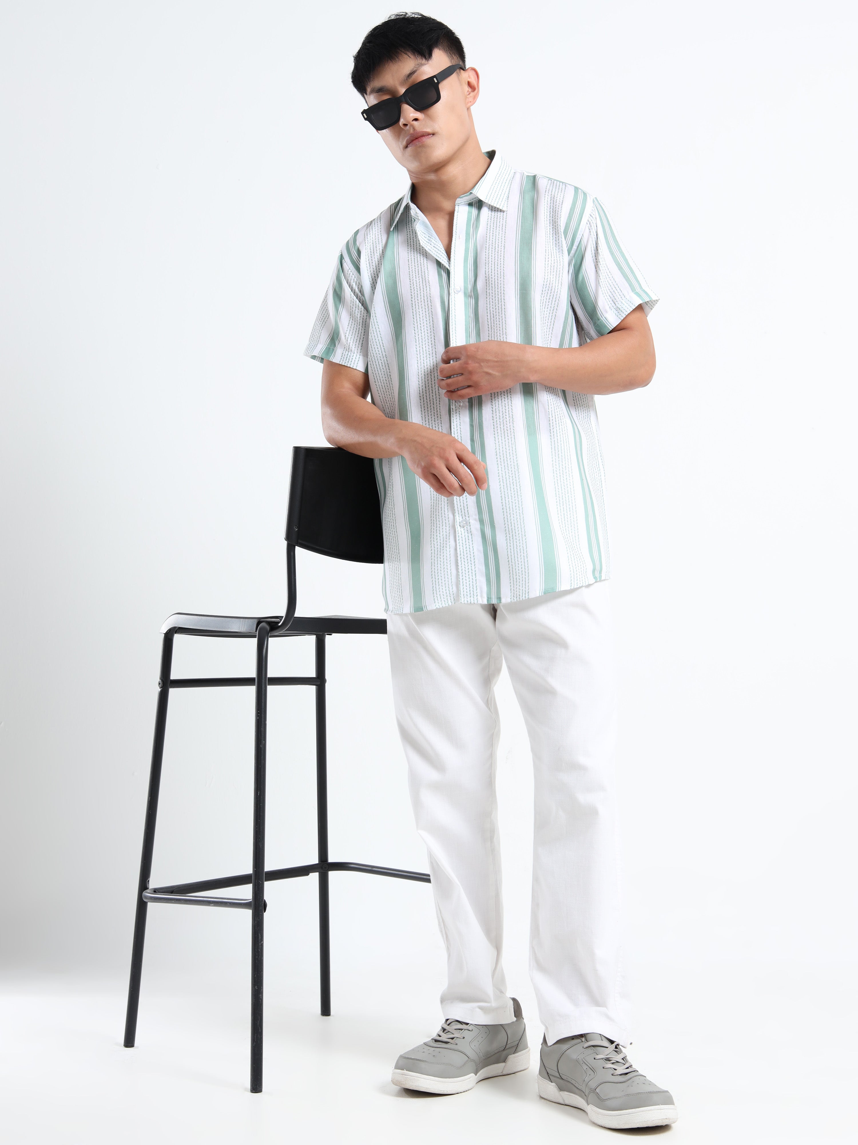 Men's Sea Green Vertical Stripe Short Sleeve Shirt