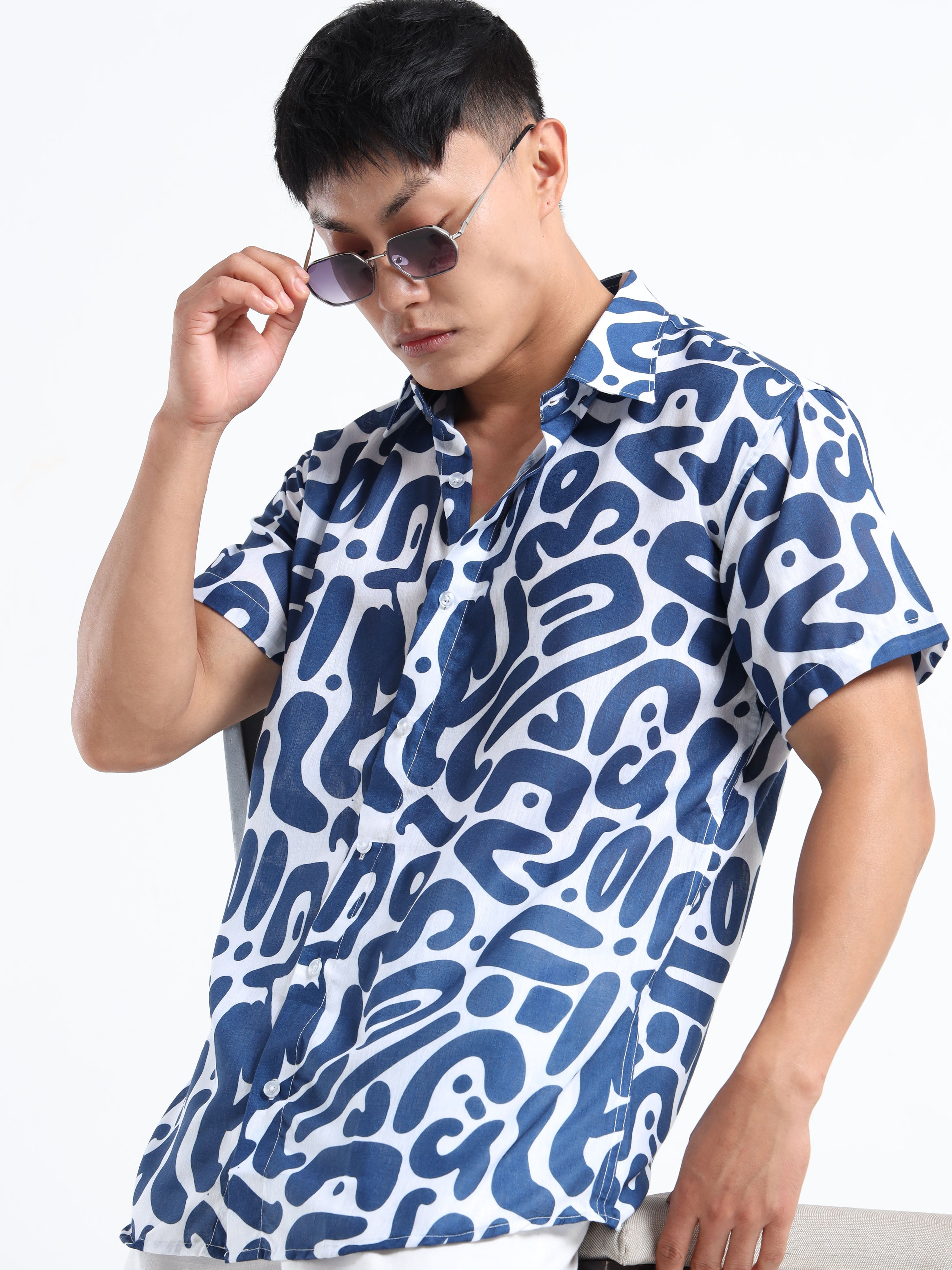 Men's Slim Fit White Navy Blue Abstract Swirl Print Casual Shirt