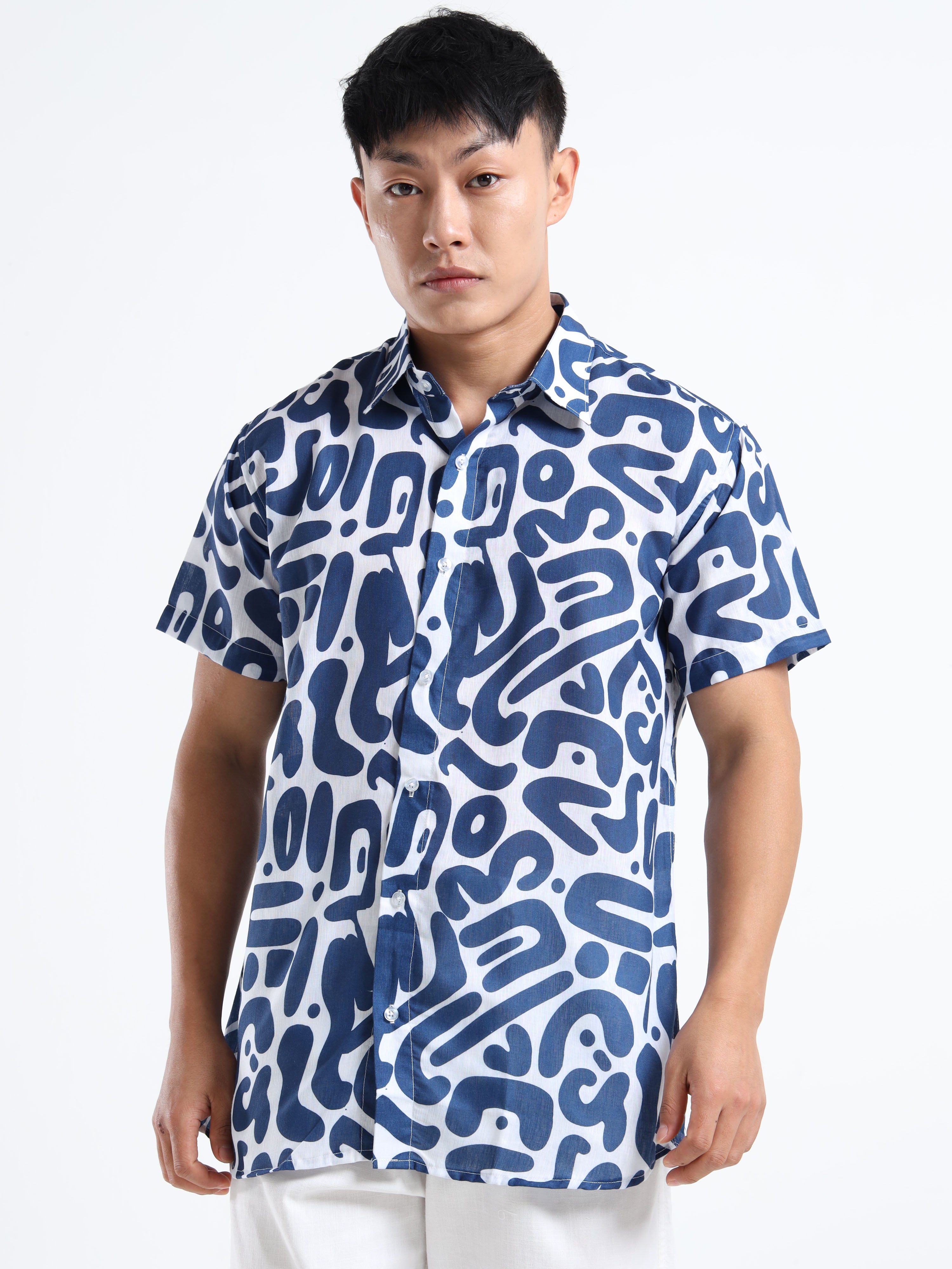 Men's Slim Fit White Navy Blue Abstract Swirl Print Casual Shirt