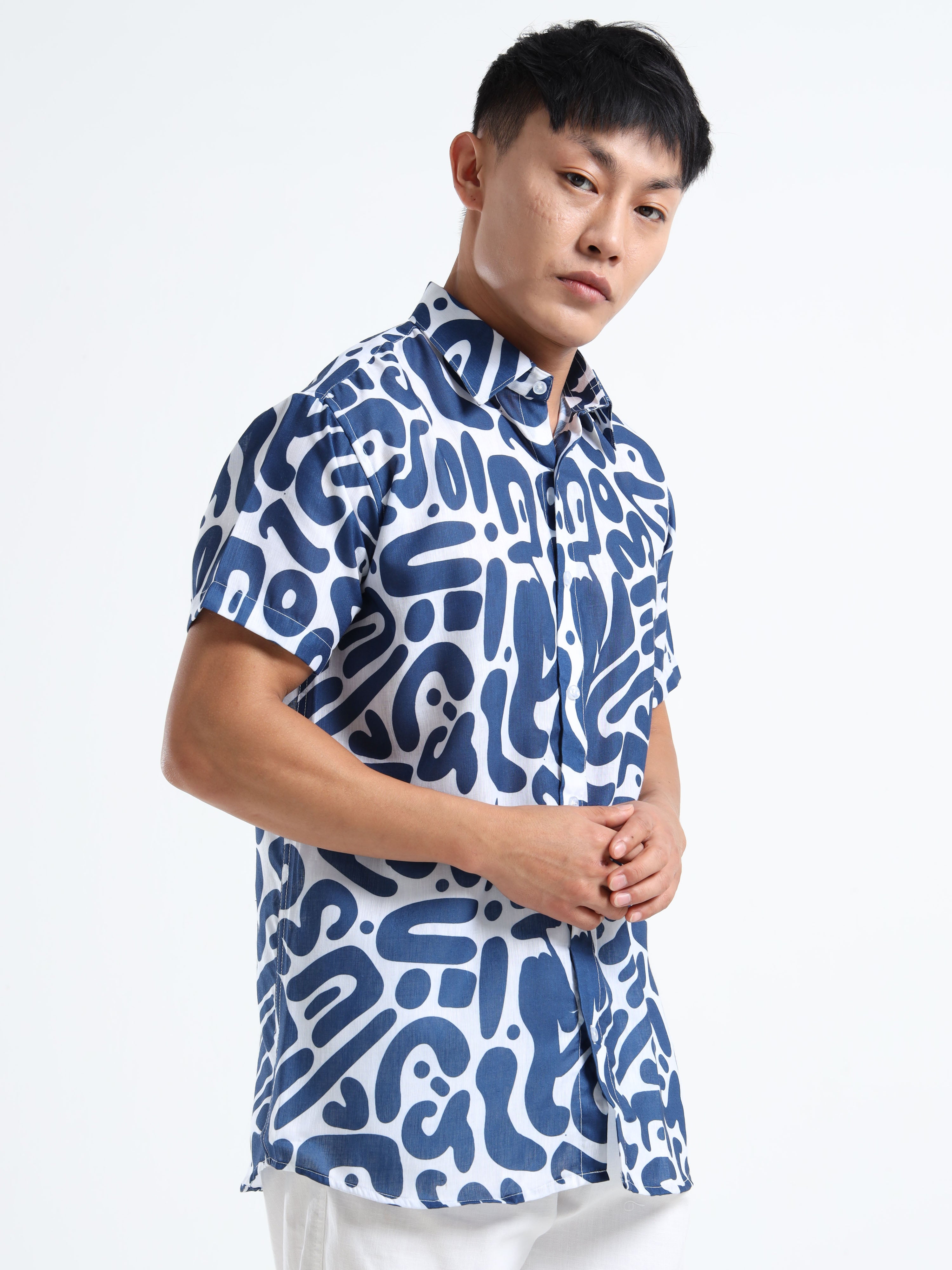 Men's Slim Fit White Navy Blue Abstract Swirl Print Casual Shirt