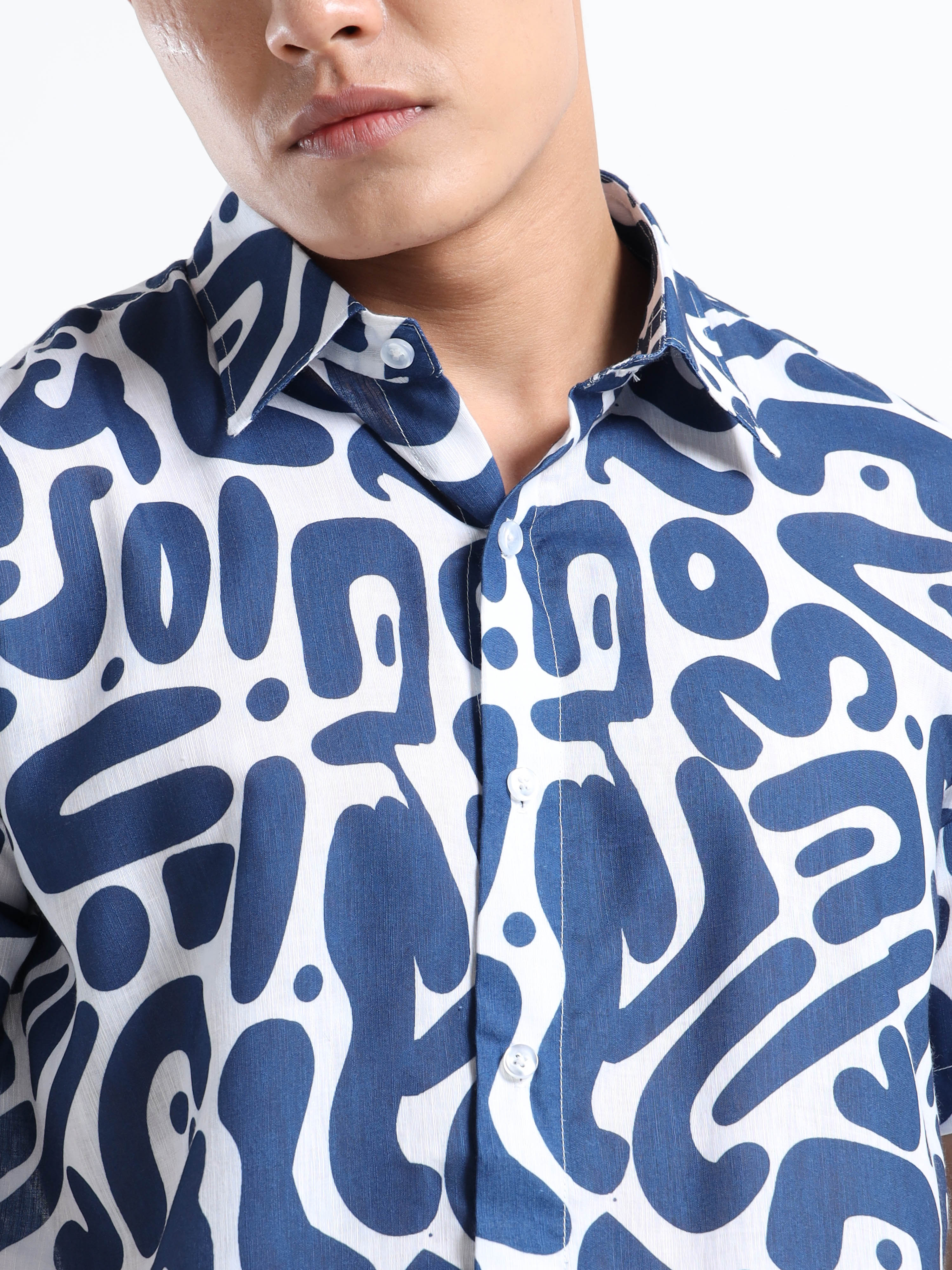 Men's Slim Fit White Navy Blue Abstract Swirl Print Casual Shirt