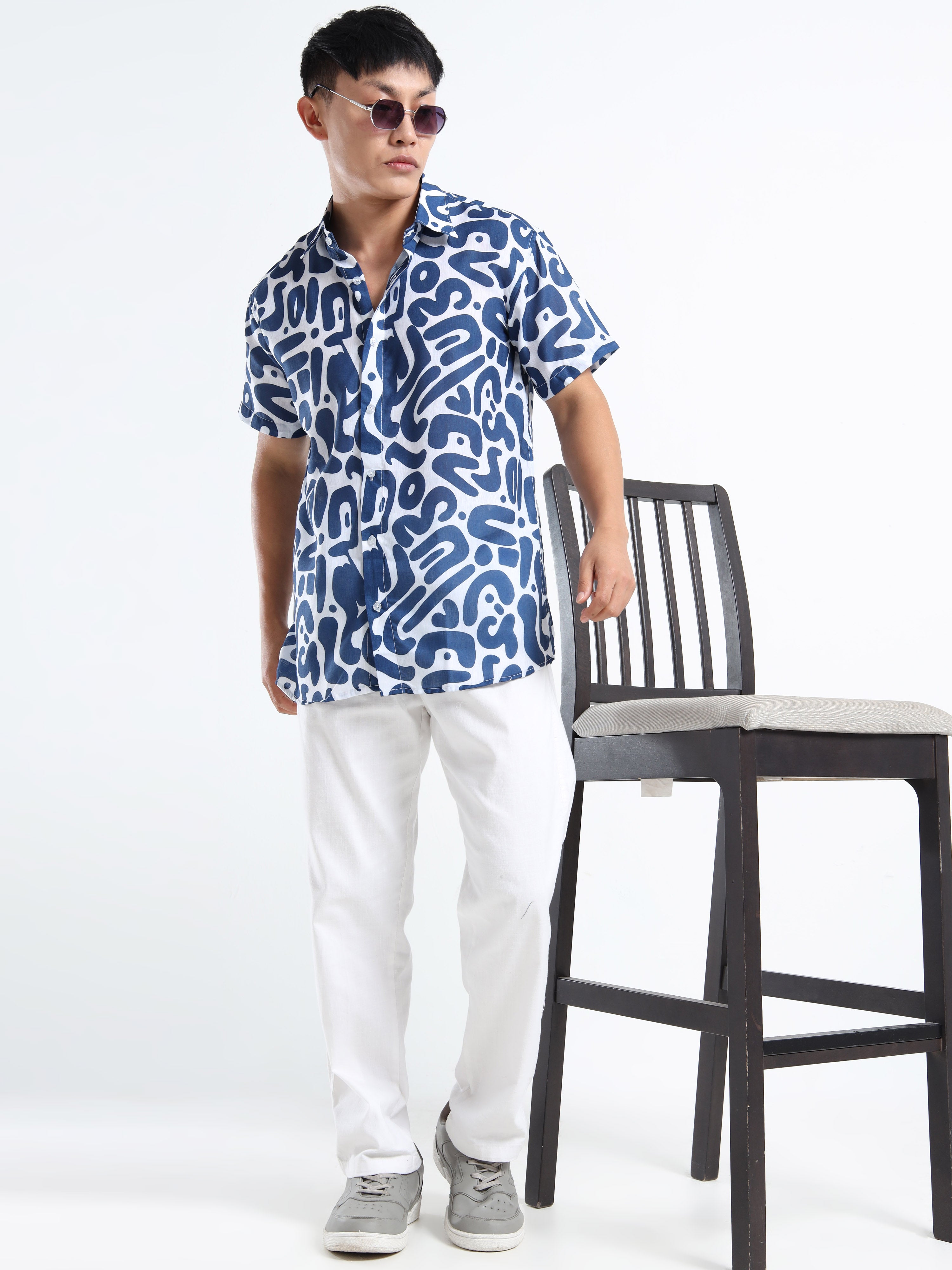 Men's Slim Fit White Navy Blue Abstract Swirl Print Casual Shirt