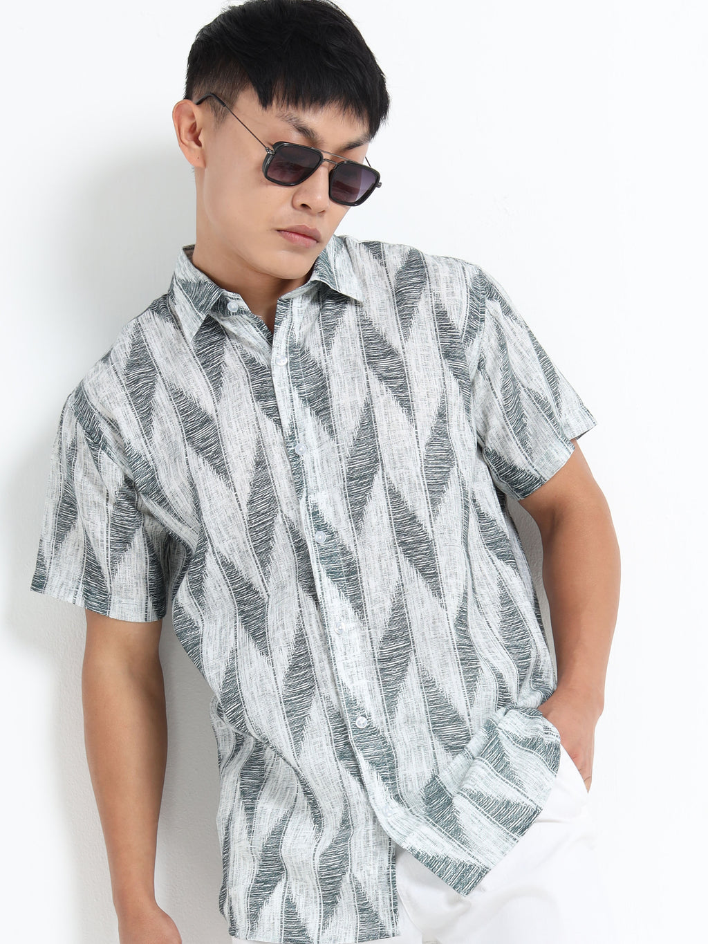 Men's Green Ikat Chevron Short Sleeve Shirt